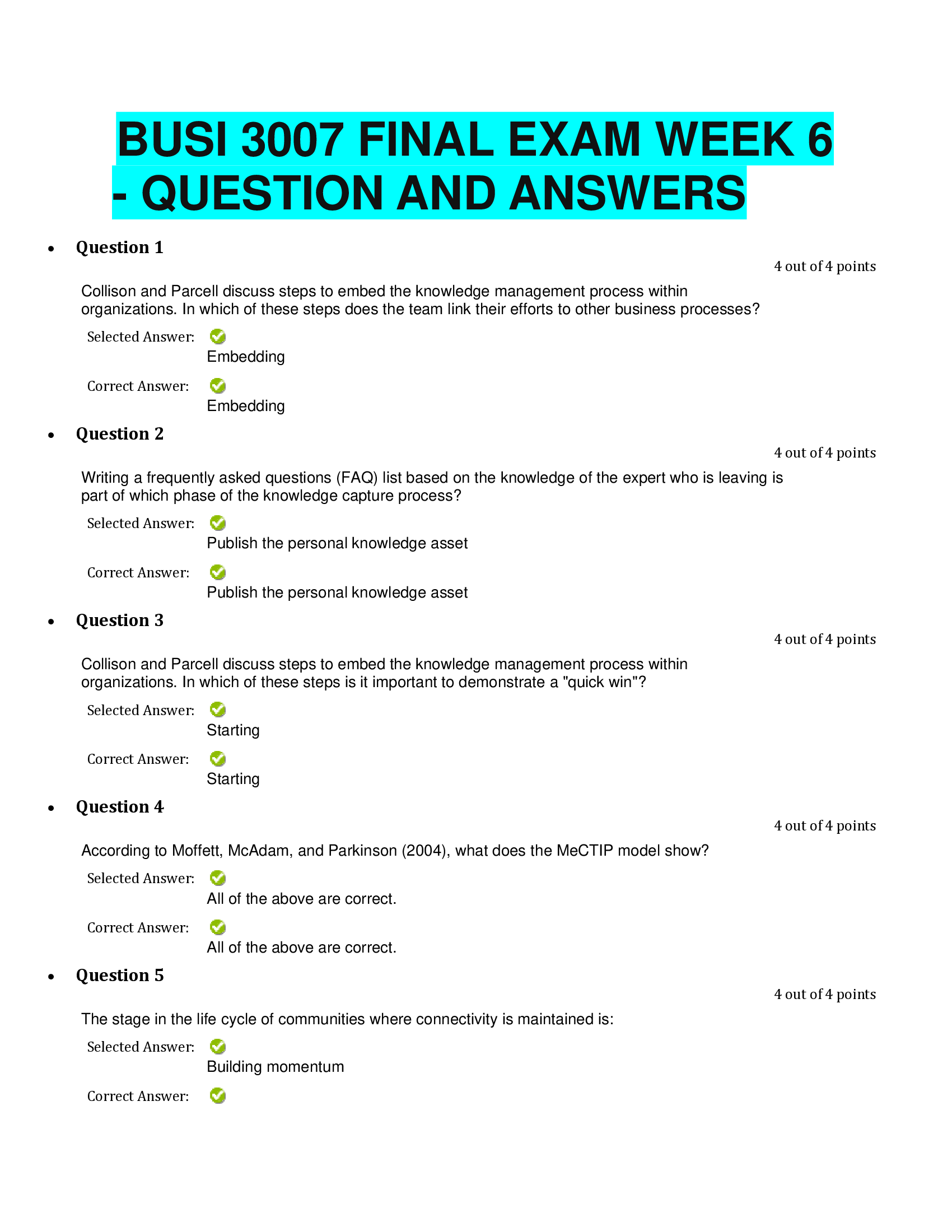 BUSI 3007 FINAL EXAM WEEK 6 - QUESTION AND ANSWERS.