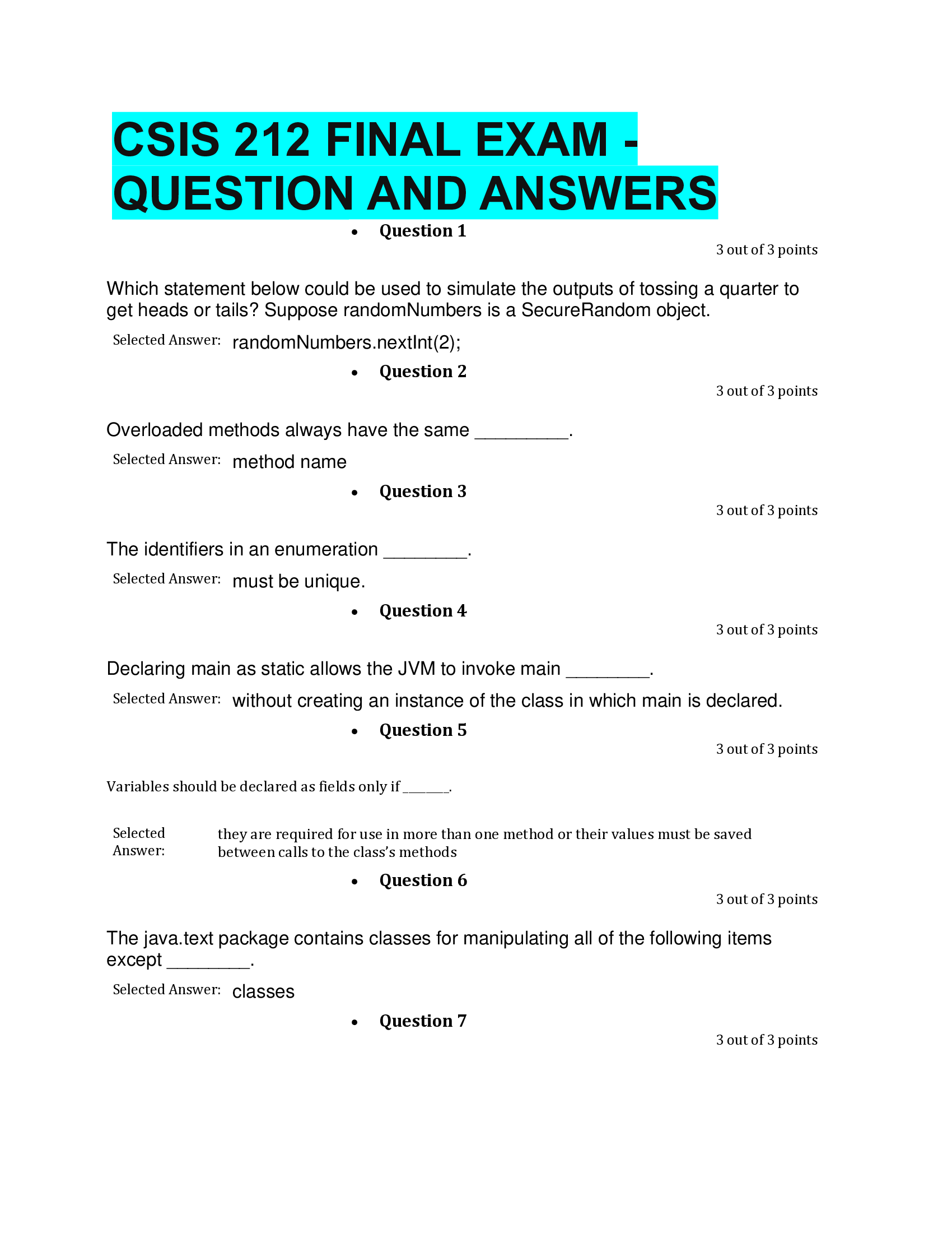 CSIS 212 FINAL EXAM - QUESTION AND ANSWERS.