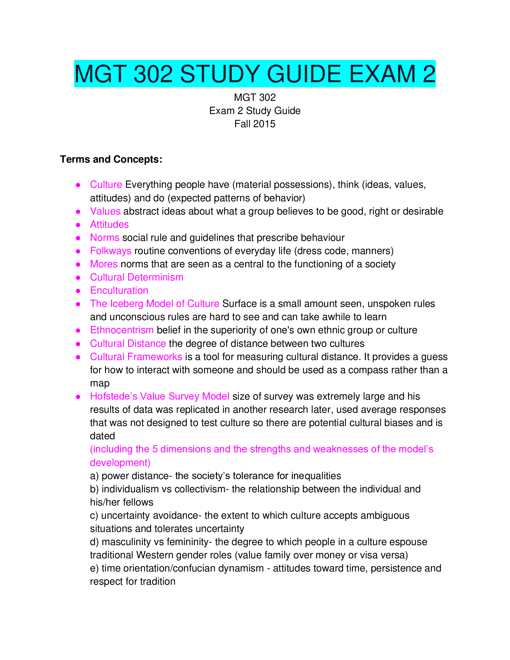 MGT 302 STUDY GUIDE EXAM 2.