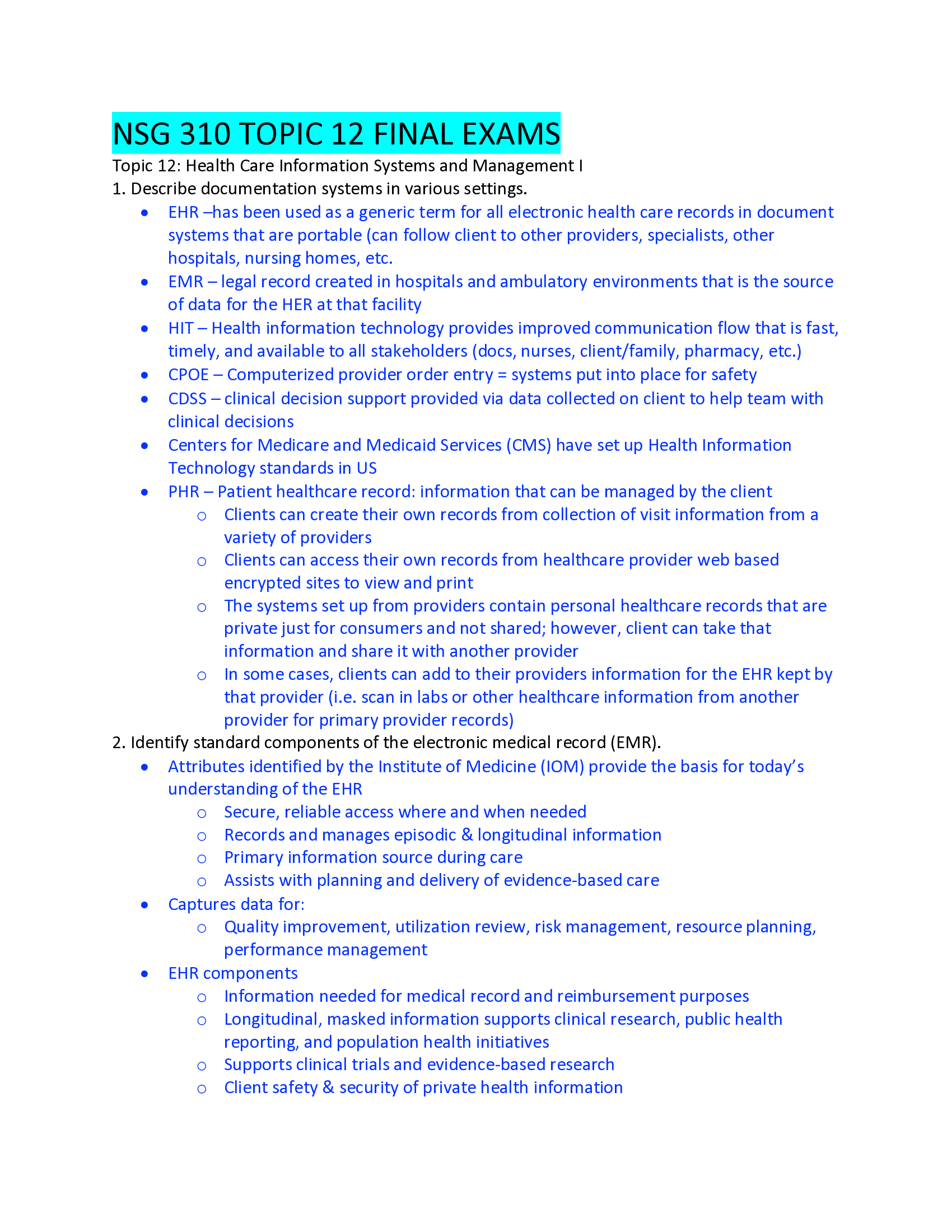 NSG 310 TOPIC 12 FINAL EXAMS.