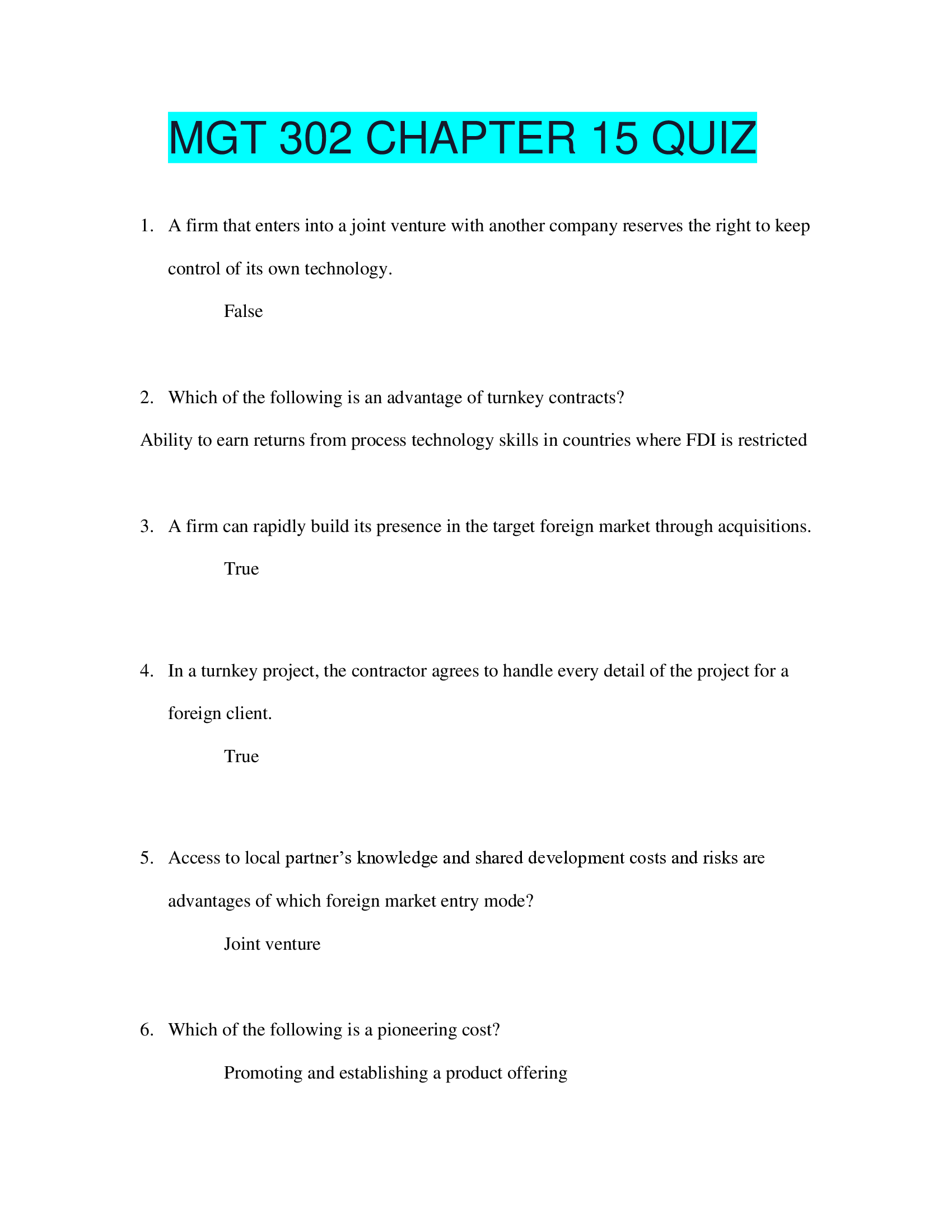 MGT 302 CHAPTER 15 QUIZ.