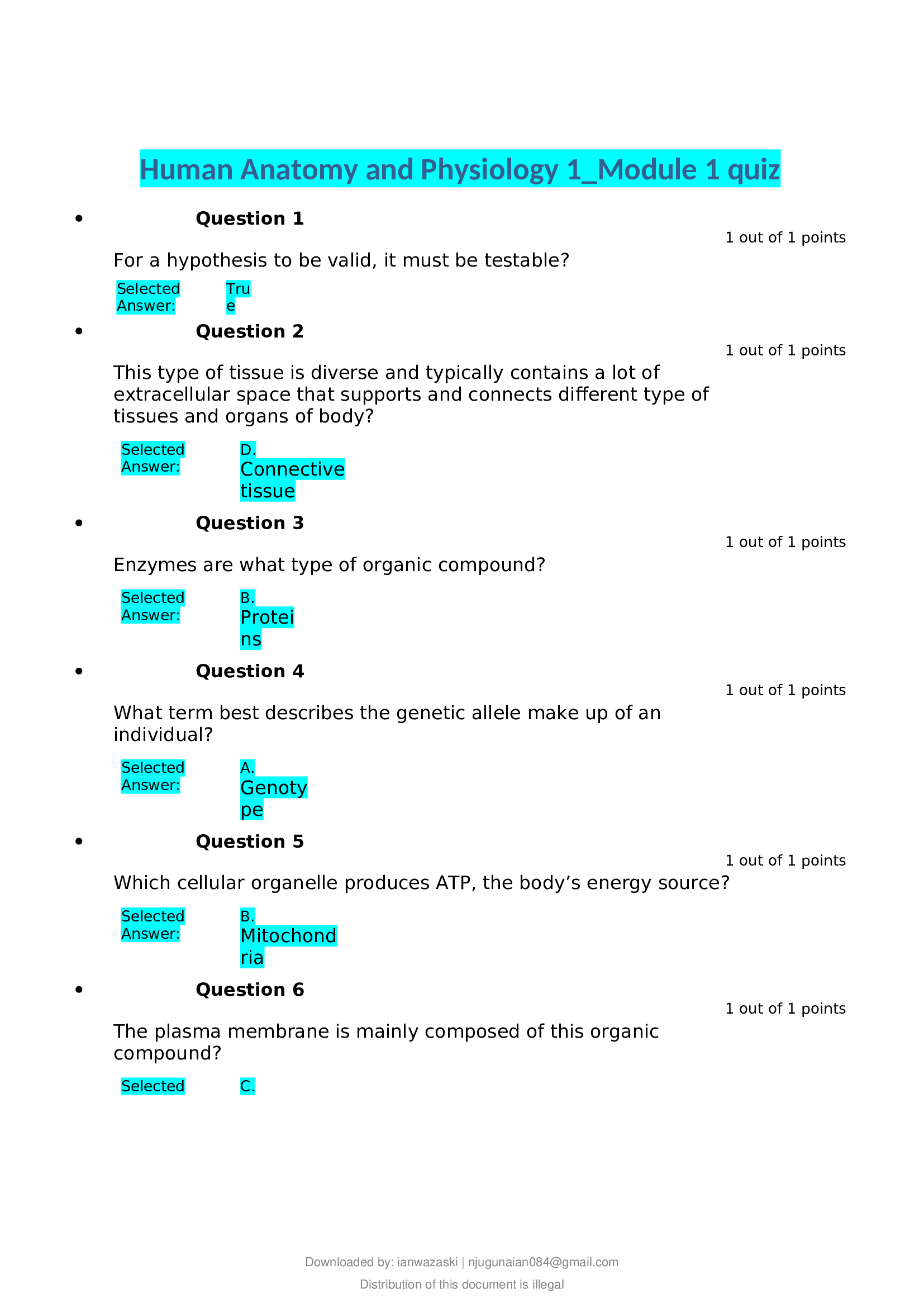 Human Anatomy and Physiology 1 Module 1 quiz latest 2020 complete solutions 100� correct.