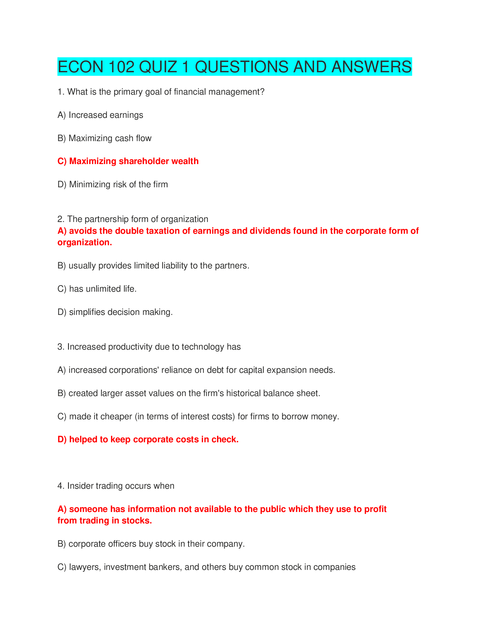 ECON 102 QUIZ 1 QUESTIONS AND ANSWERS.