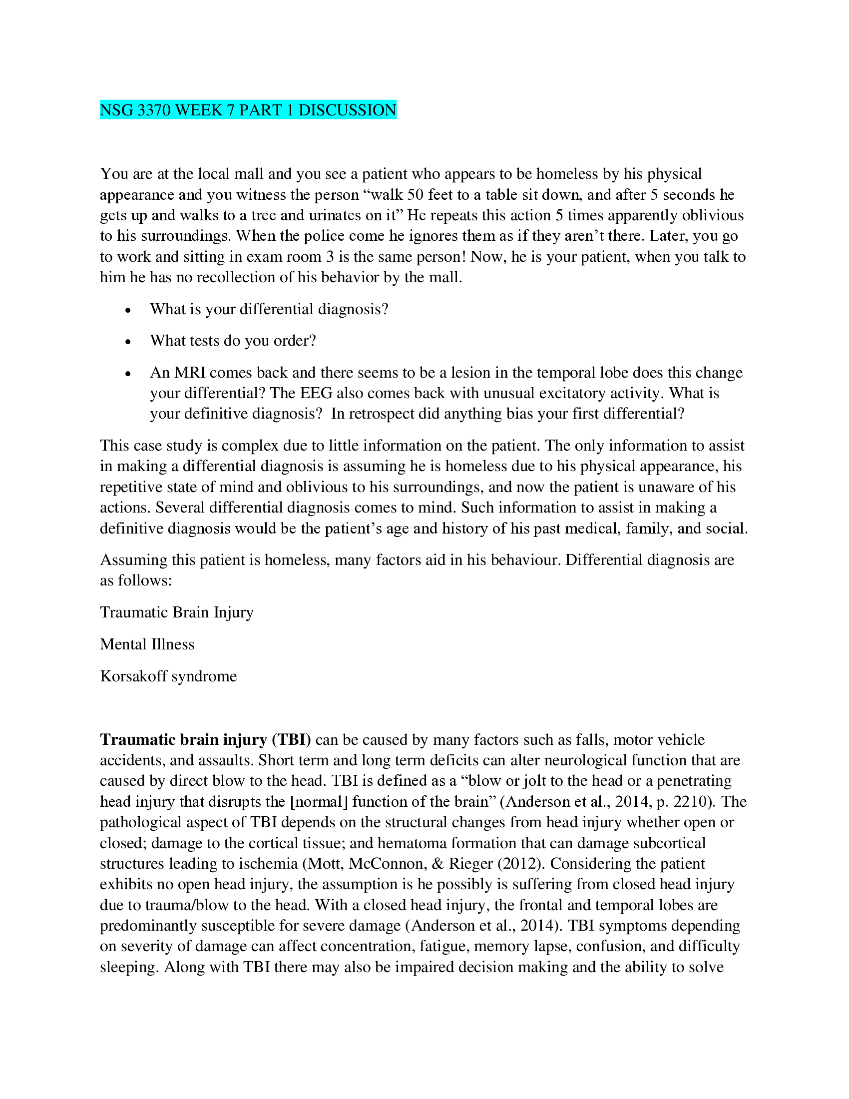 NSG 3370 WEEK 7 PART 1 DISCUSSION