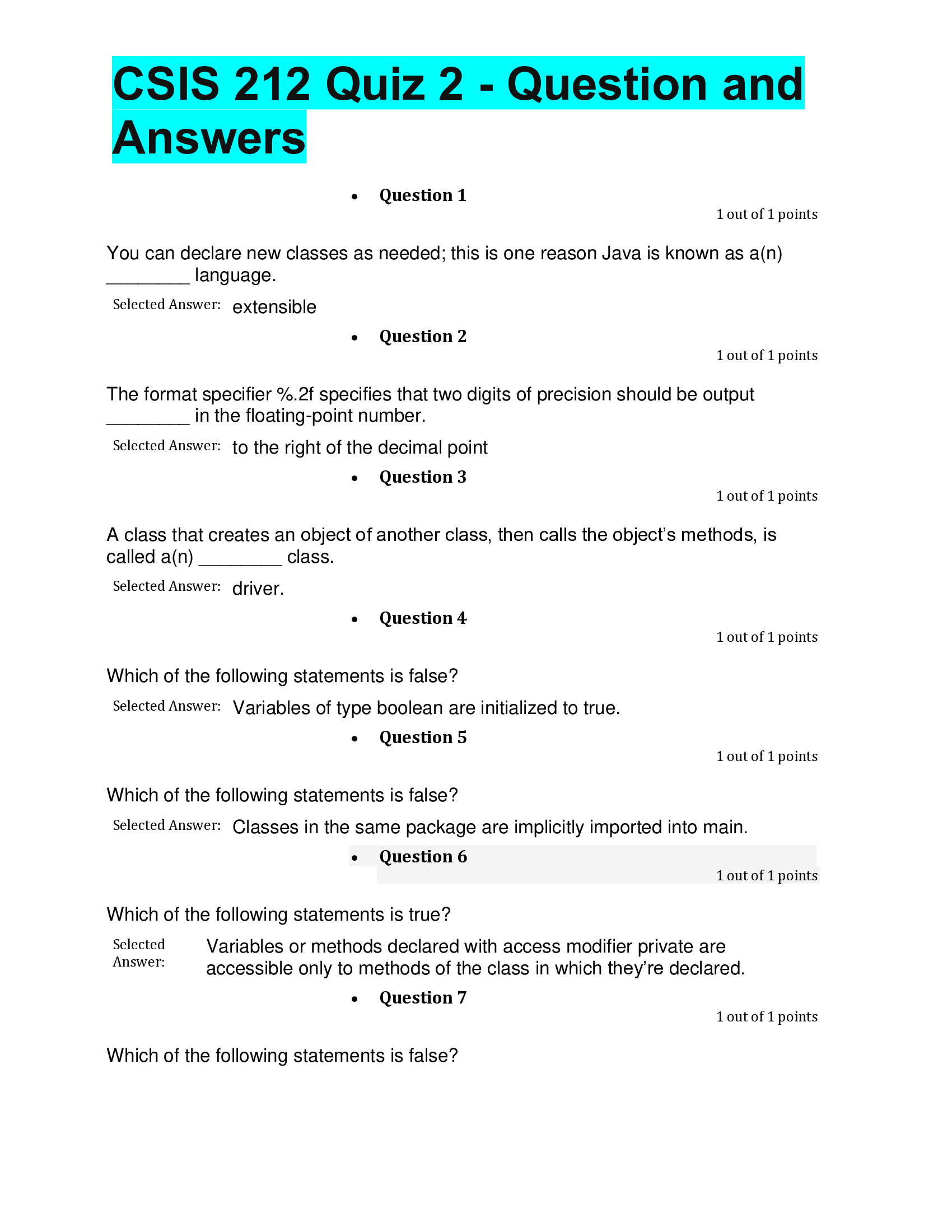 CSIS 212 Quiz 2 - Question and Answers.