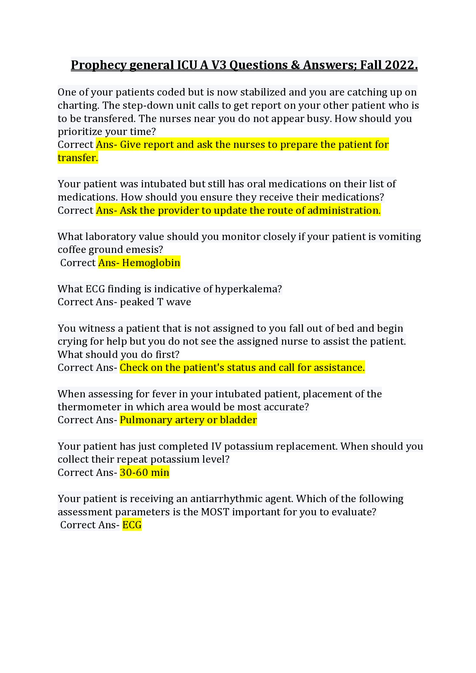 Prophecy general ICU A V3 Questions & Answers, Distinction Level Assignment: Fall 2022.