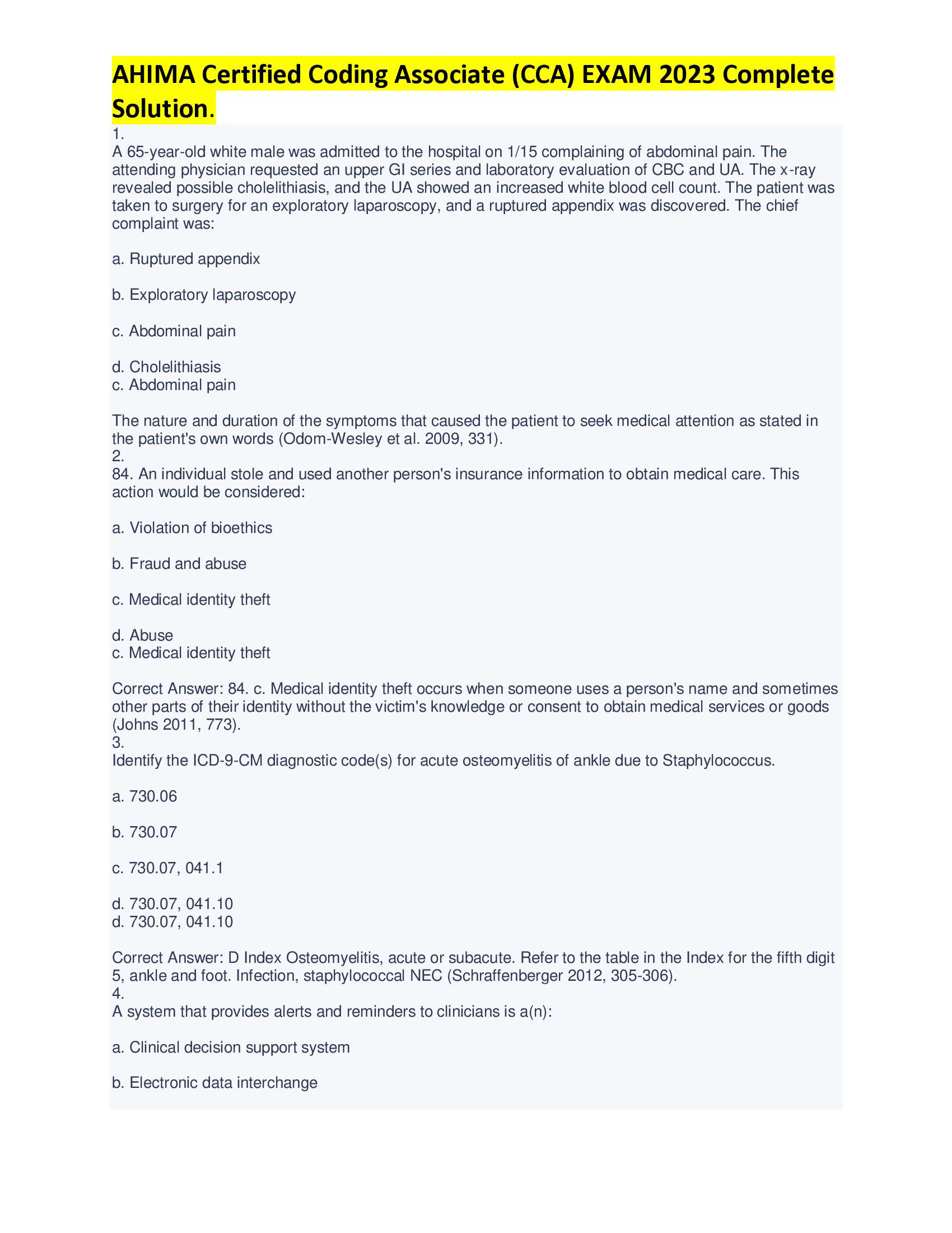 AHIMA Certified Coding Associate (CCA) EXAM 2023 Complete Solution.