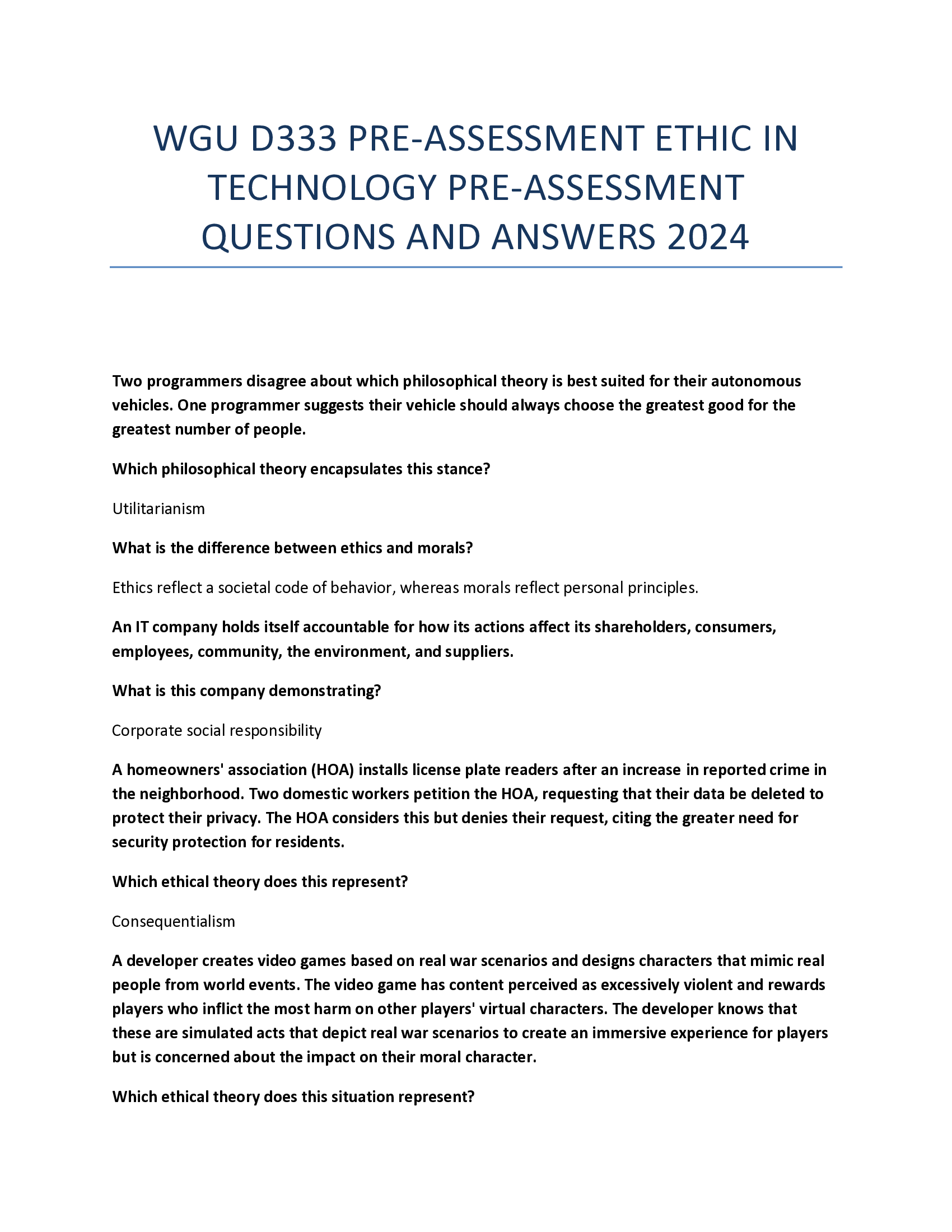 WGU D333 PRE-ASSESSMENT ETHICS IN TECHNOLOGY PRE-ASSESSMENT QUESTIONS AND ANSWERS 2024