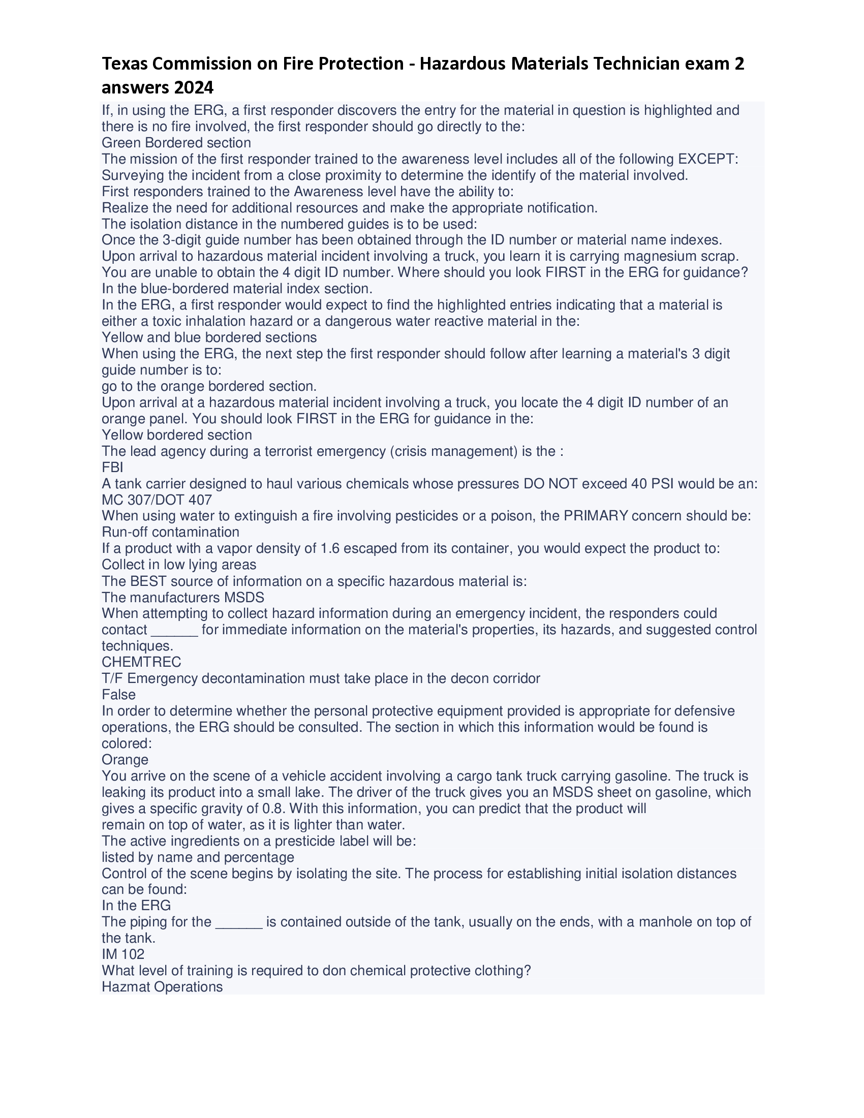 Texas Commission on Fire Protection - Hazardous Materials Technician exam 2 answers 2024