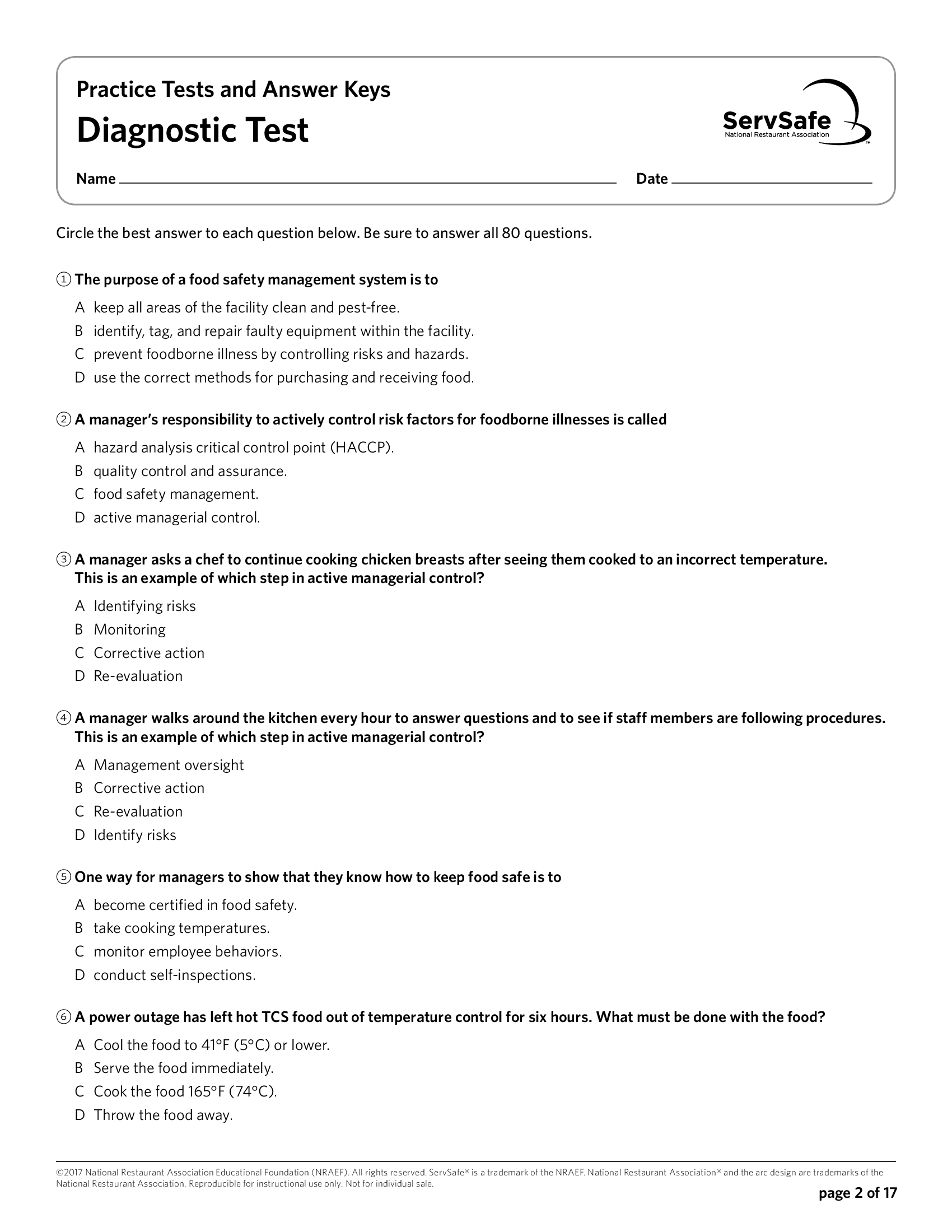 ServSafe Manager Exam 80 Questions Provided Answer Key on the Last Page.