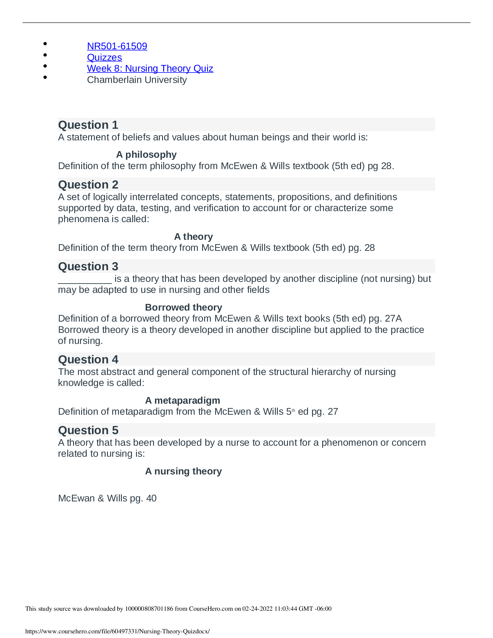NR501 Week 8: Nursing Theory Quiz| NR 501 Week 8 Nursing Theory Quiz (Solutions).