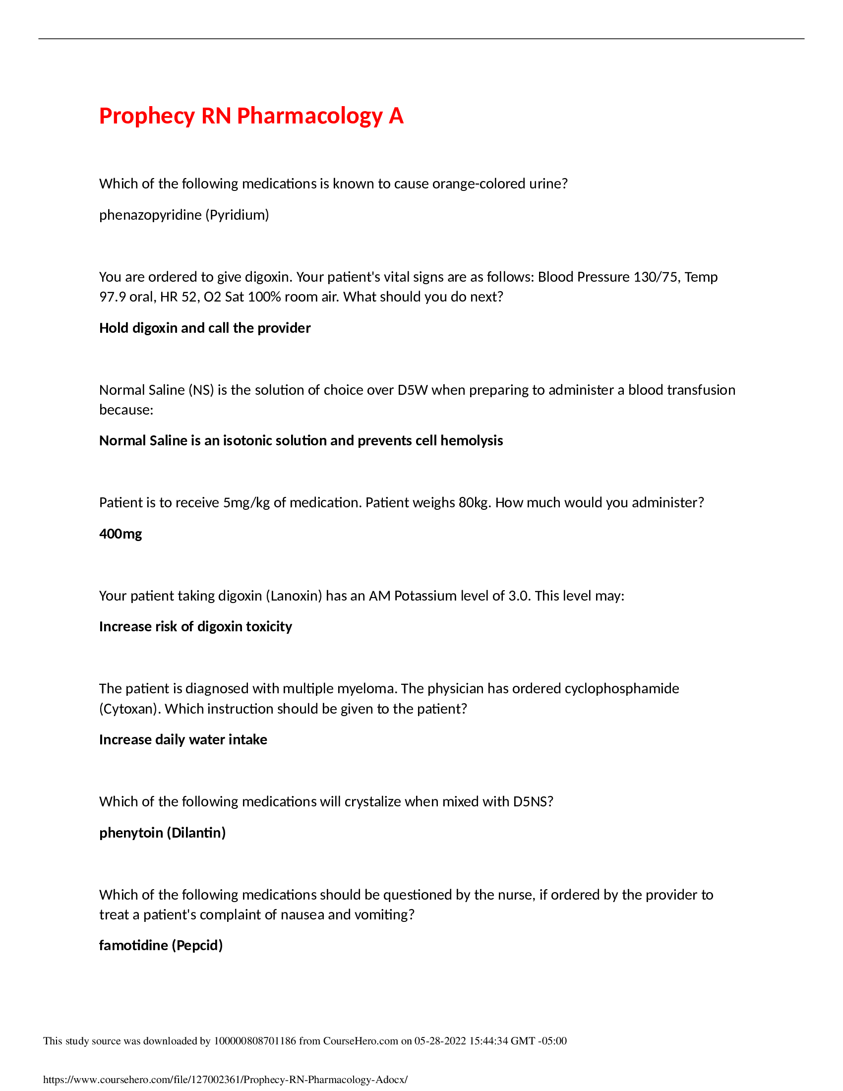 Prophecy RN Pharmacology Exam A (Accurate Answers) A+ Guide