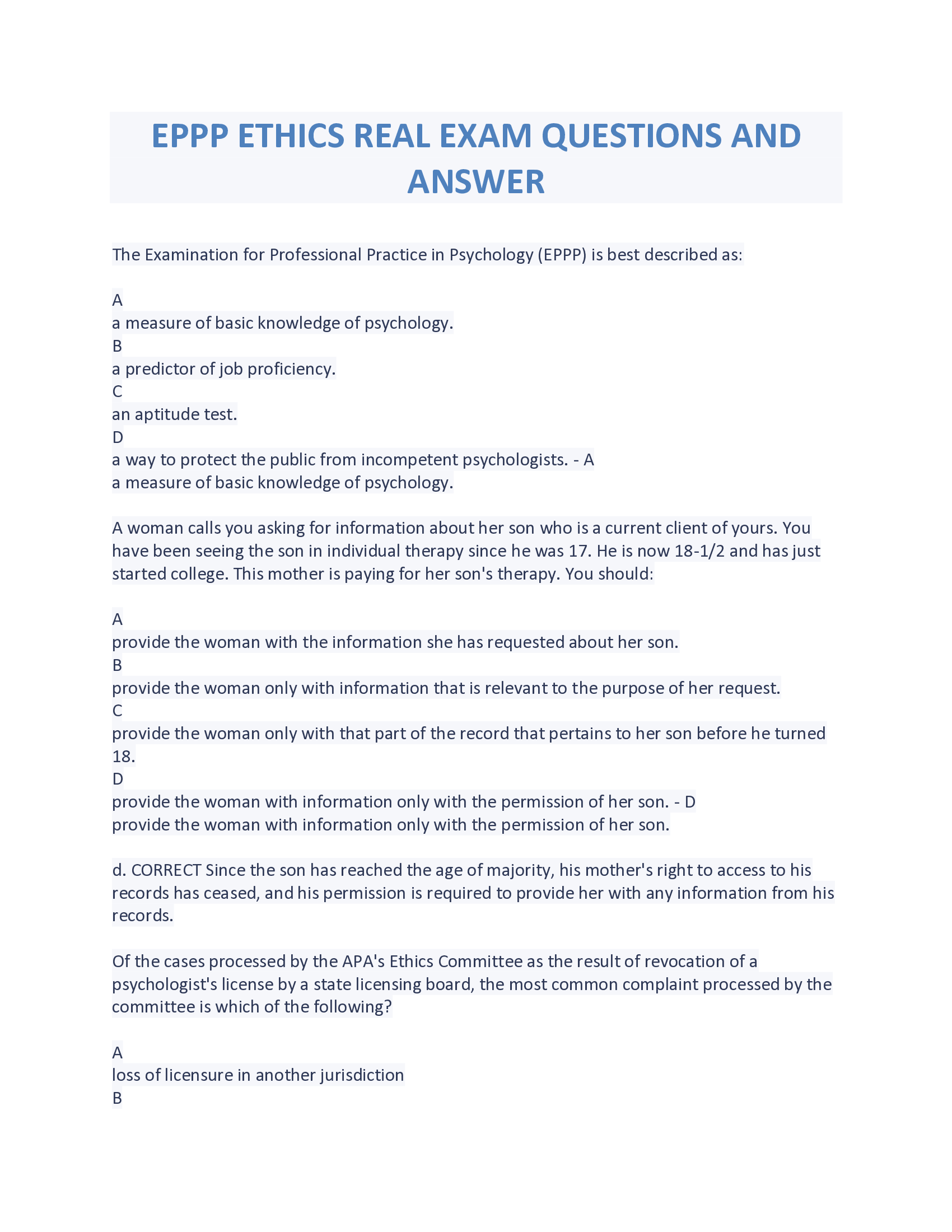 EPPP ETHICS REAL EXAM QUESTIONS AND ANSWERS 100% ACCURATE