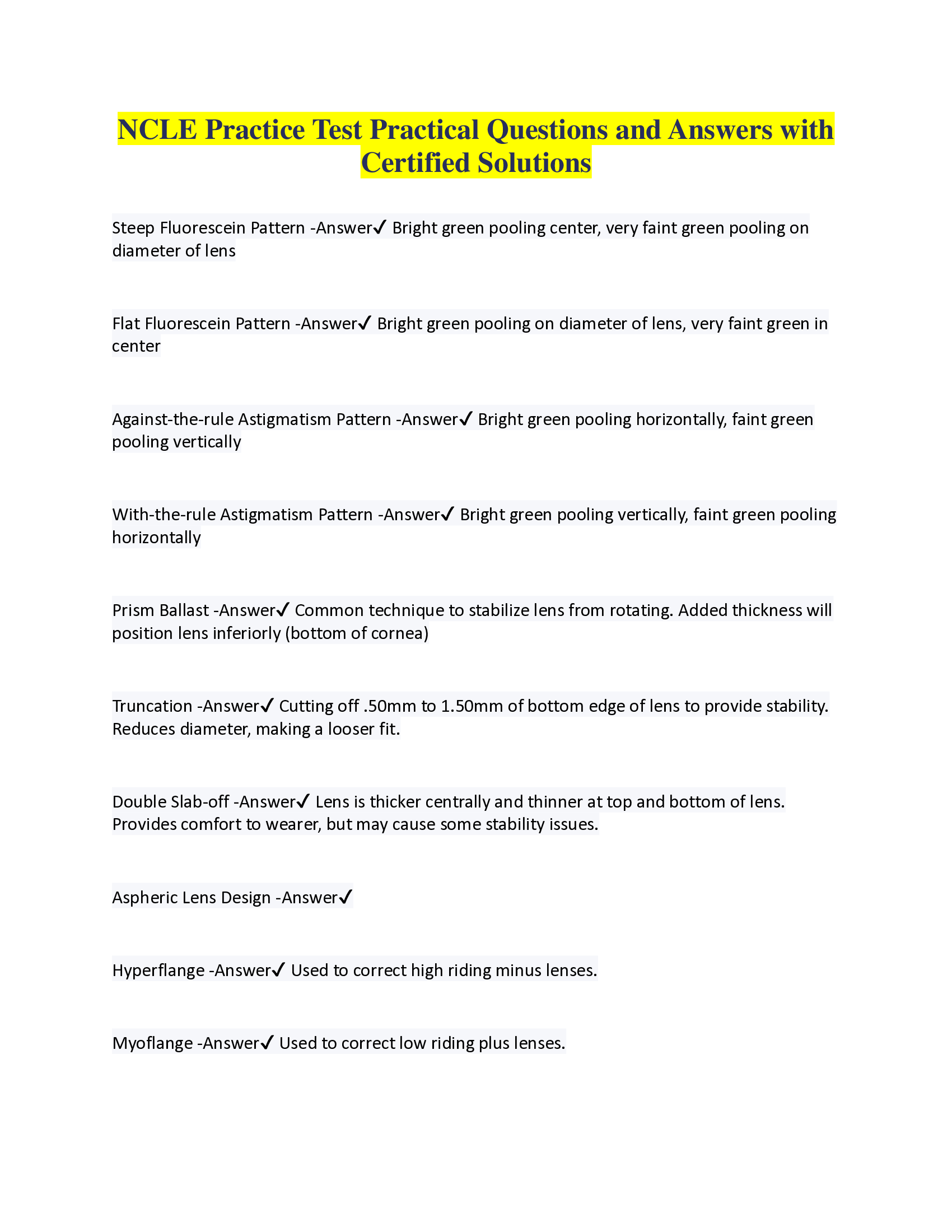 NCLE Practice Test Practical Questions and Answers with Certified Solutions