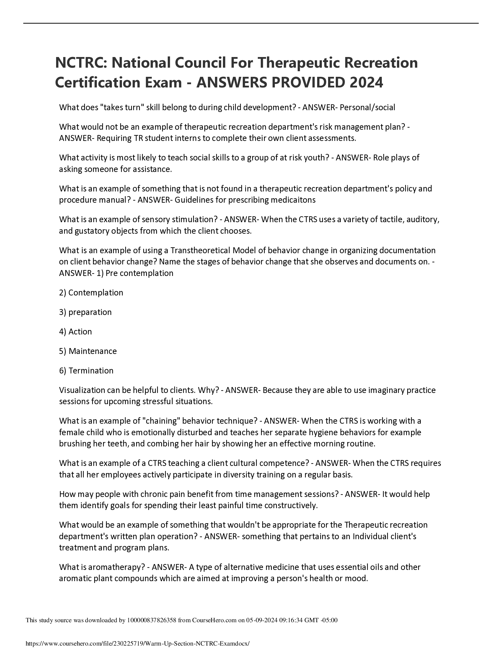 NCTRC: National Council For Therapeutic Recreation Certification Exam - ANSWERS PROVIDED(2024)