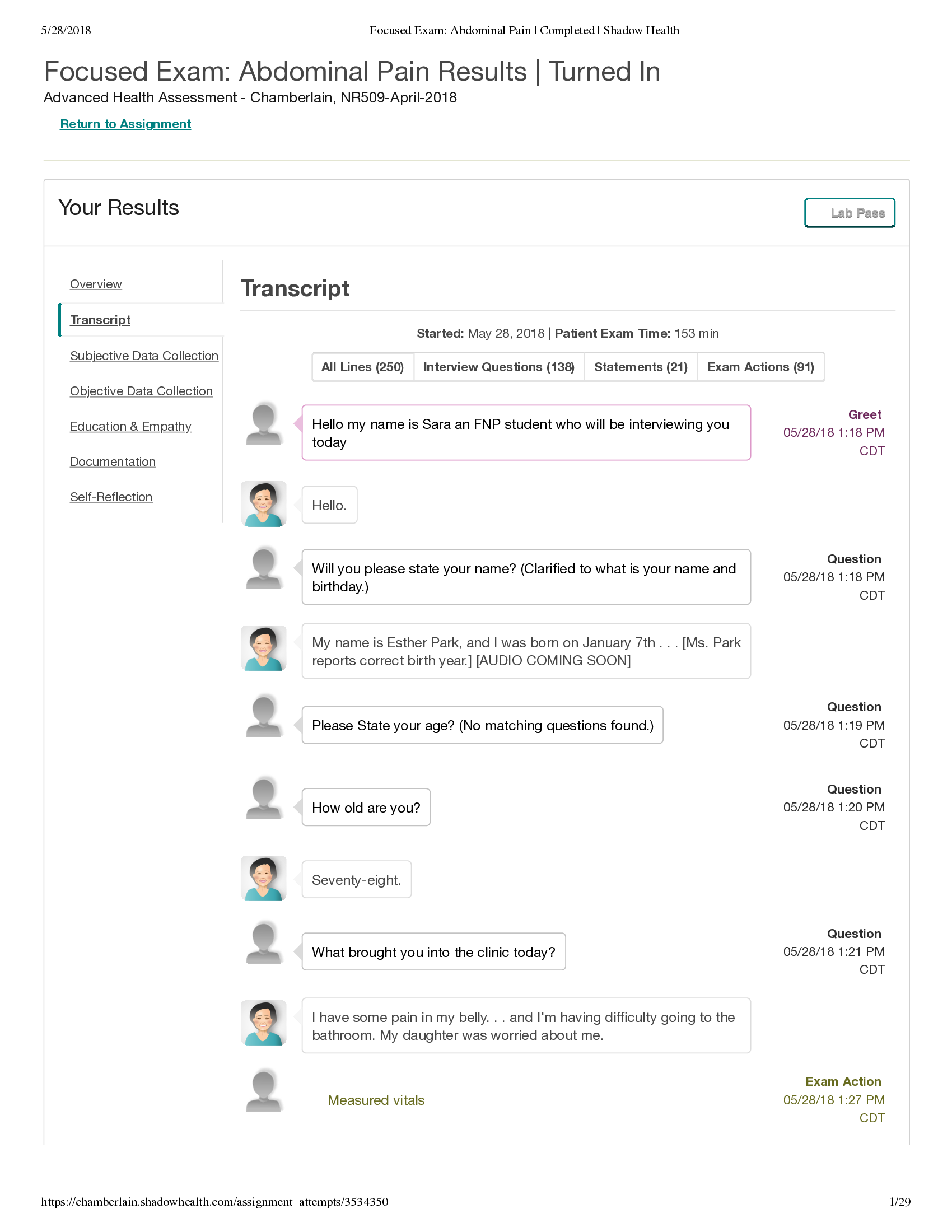 Advanced health assessment- NR 509: Focused Exam- Abdominal Pain Results | Turned In for Esther Park 78yrs (SH) Shadow Health.
