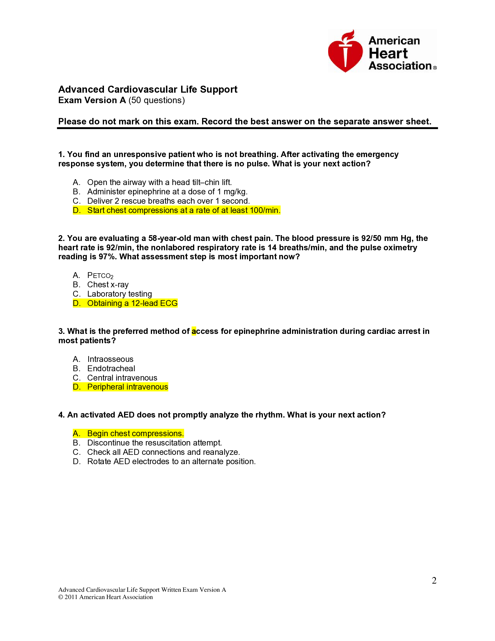 Advanced Cardiovascular Life Support Written Exam Version A and B with Answer key plus Reference sheet (100 Questions)