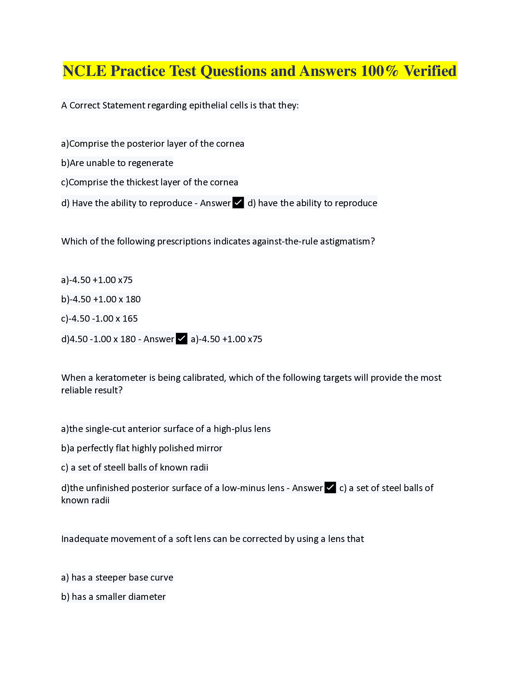 ABO & NCLE Practice Test Questions and Answers 100% Verified