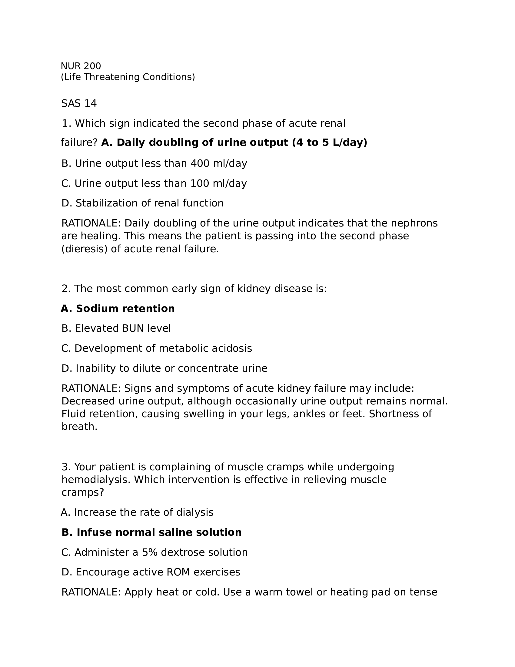 NUR 200 CARE OF CLIENTS WITH LIFE THREATENING CONDITIONS - EXAM ANSWERS