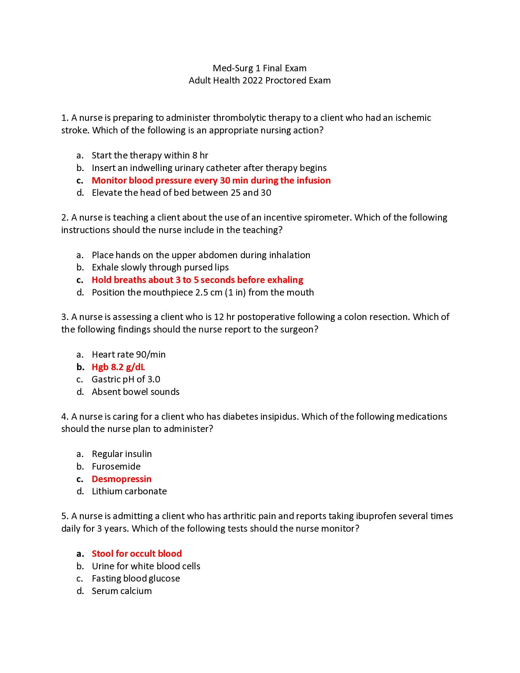 Med-Surg 1 Final Exam; Adult Health 2022 Proctored Exam - Answers Provided.