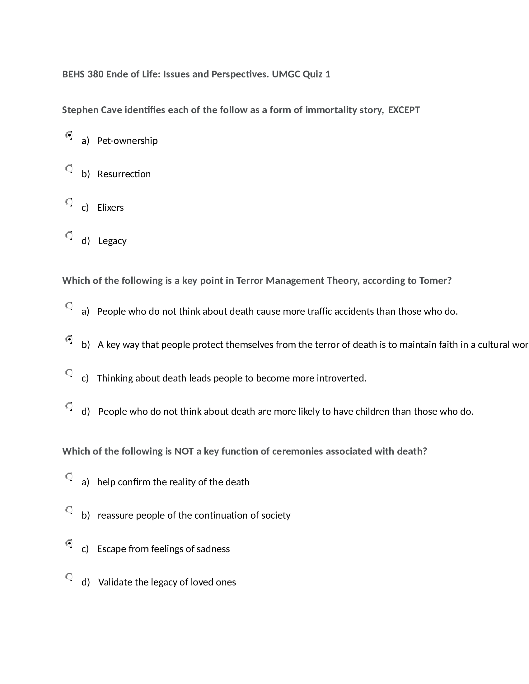 Basic Experimental Studies Involving Humans - BEHS 380 End of Life Quiz 1 ( Correct Answers Provided)