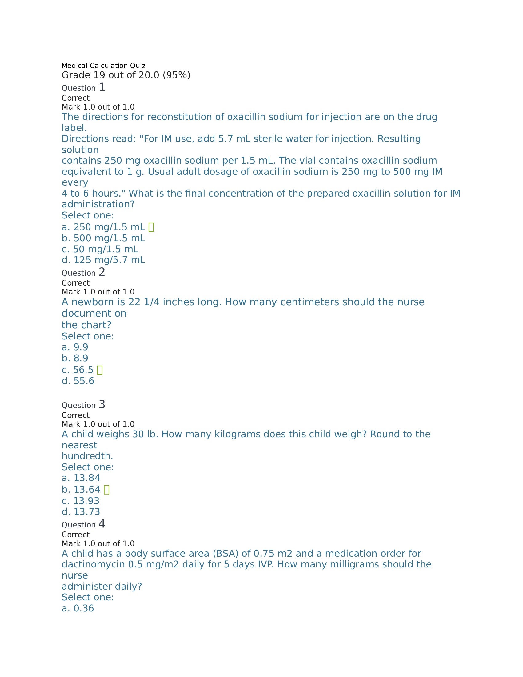 NUR 316 - Medical Calculation Quizzes With Accurate Answers (Scored 98%) 2023