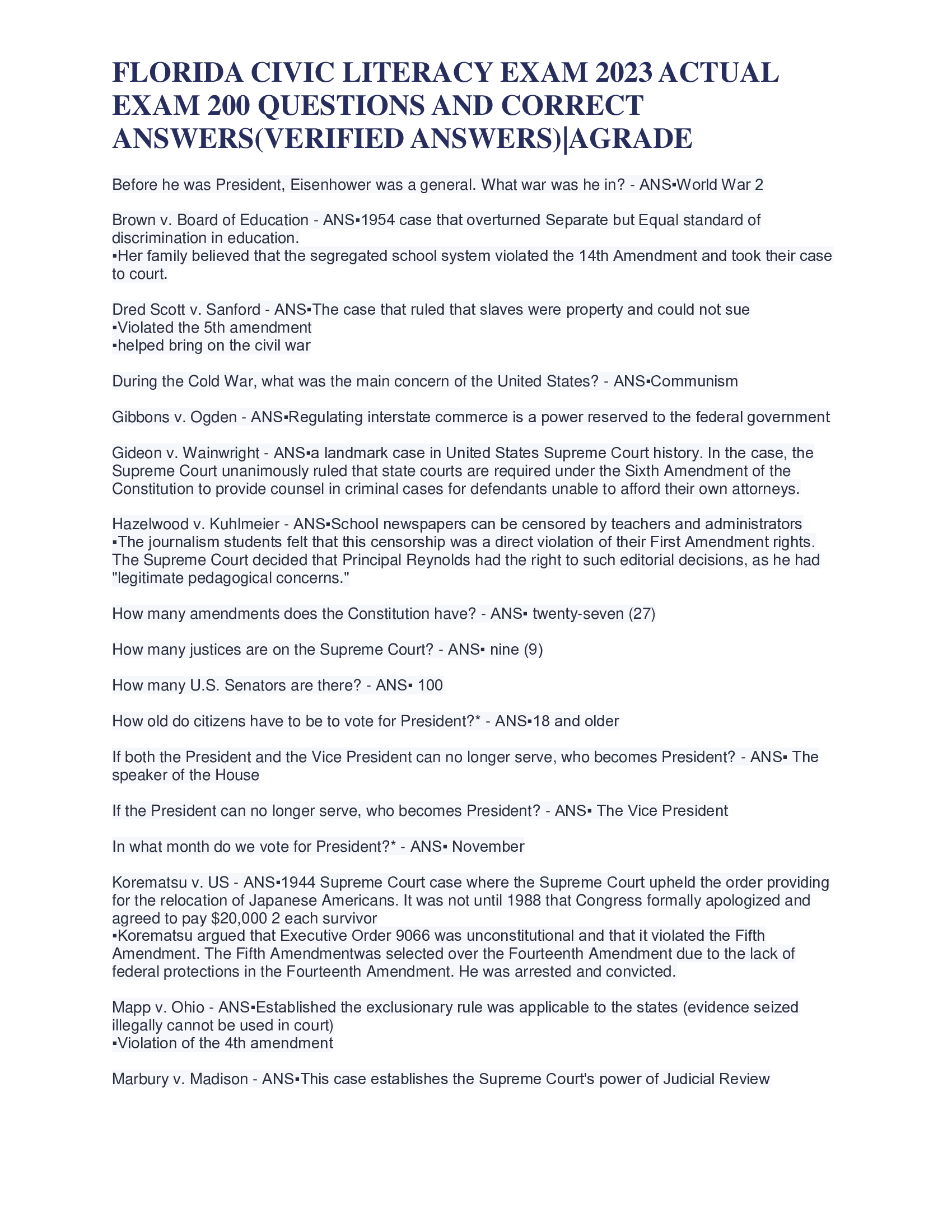 FLORIDA CIVIC LITERACY EXAM 2023 ACTUAL EXAM 200 QUESTIONS AND CORRECT ANSWERS