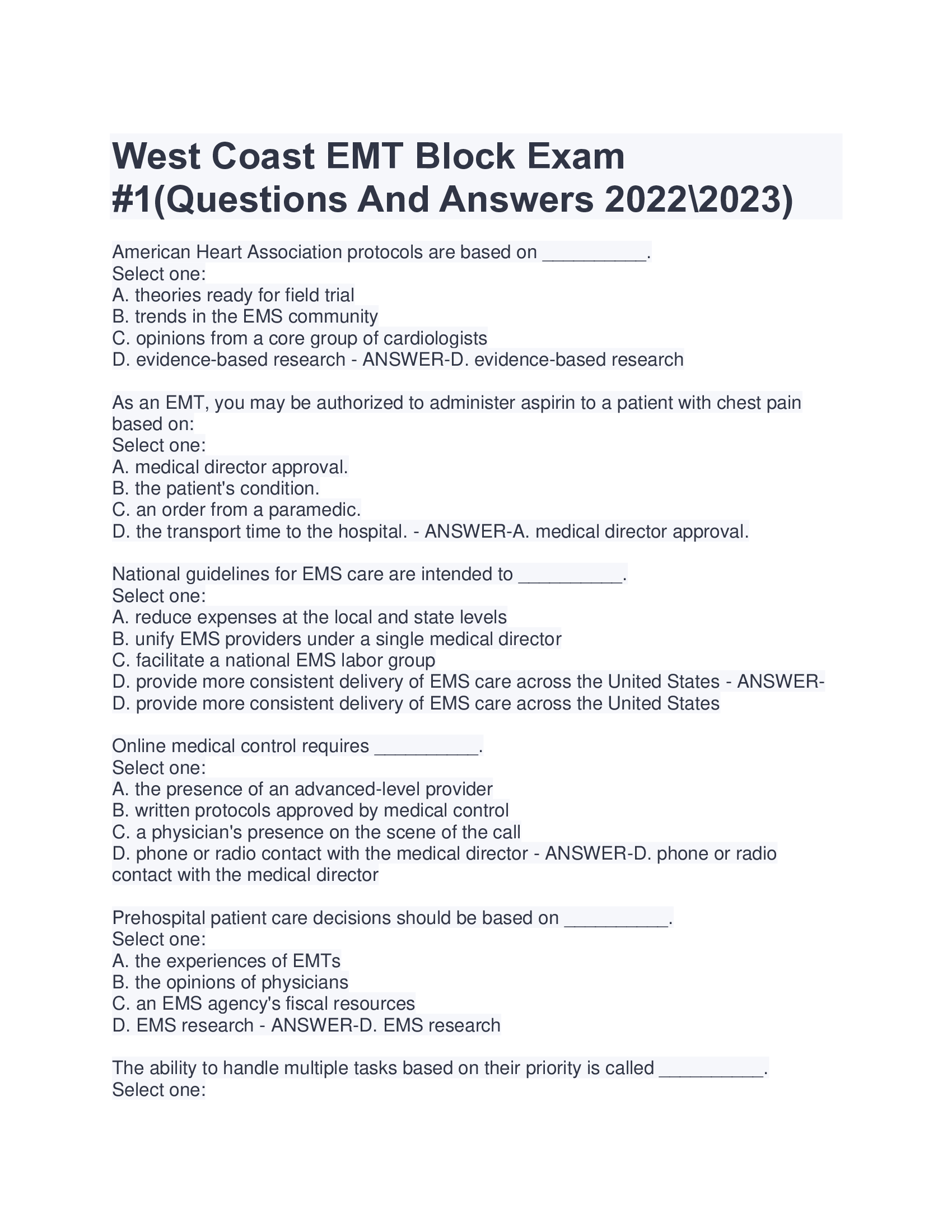 West Coast EMT Block Exam 1(Questions And Answers 2022,2023)