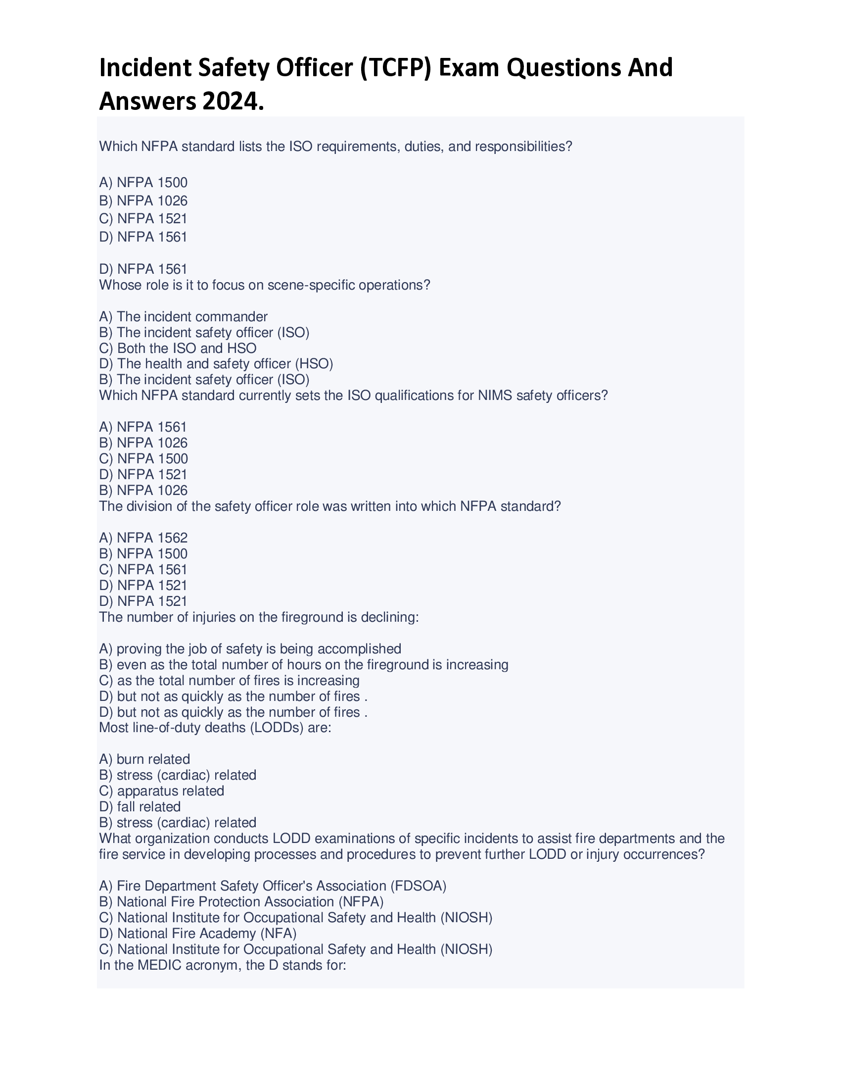 Incident Safety Officer (TCFP) Exam Questions And Answers 2024