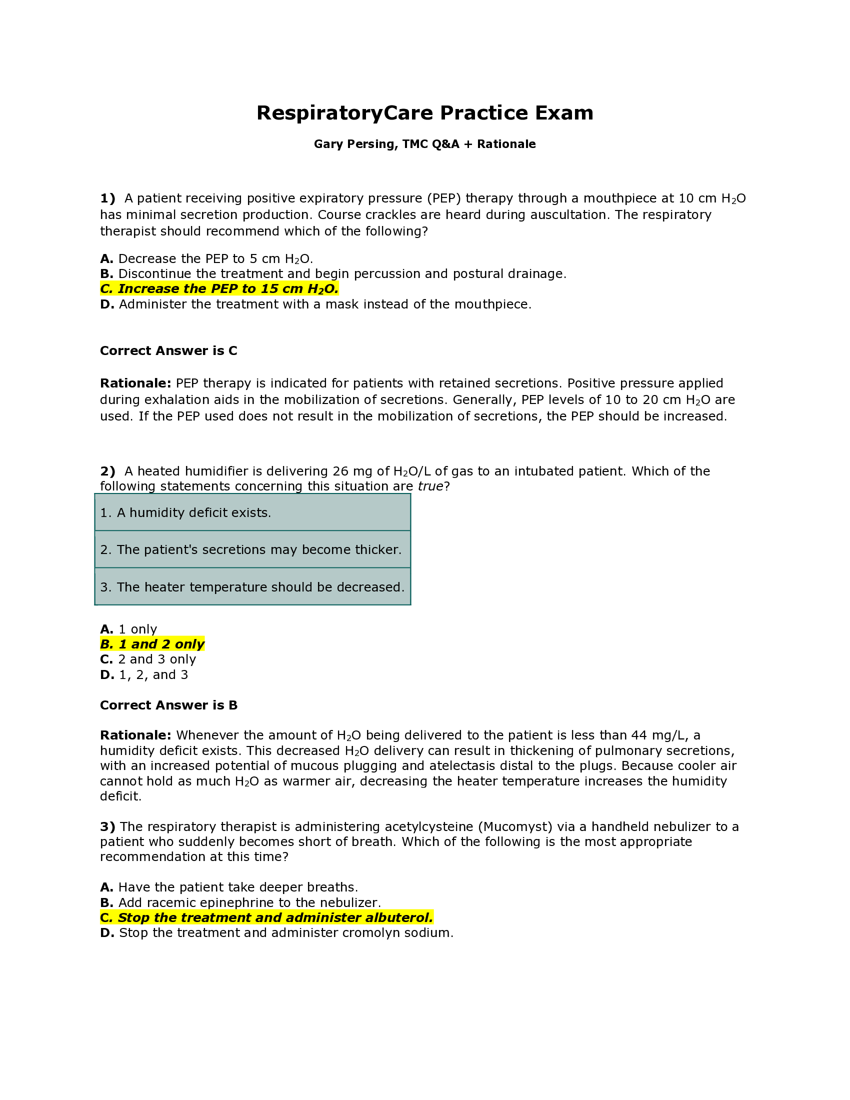 (Test Bank) Respiratory Care Practice Exam Gary Persing, TMC Questions And Answers Plus Rationale