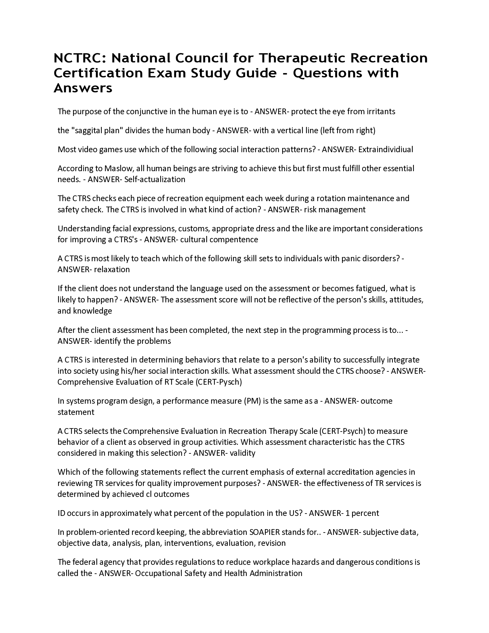 NCTRC: National Council for Therapeutic Recreation Certification Exam Study Guide - Questions with Answers