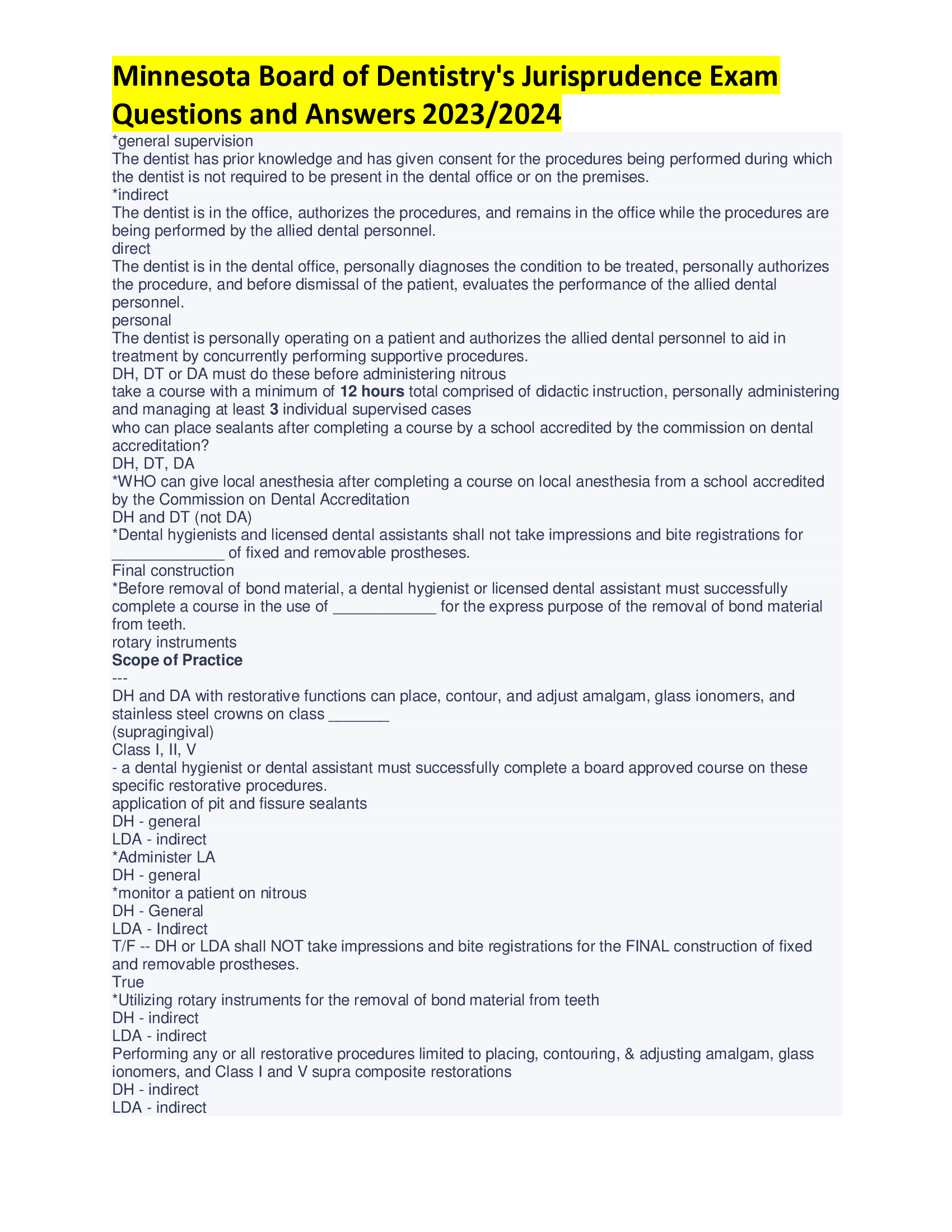 Minnesota Board of Dentistrys Jurisprudence Exam Questions and Answers 2023, 2024