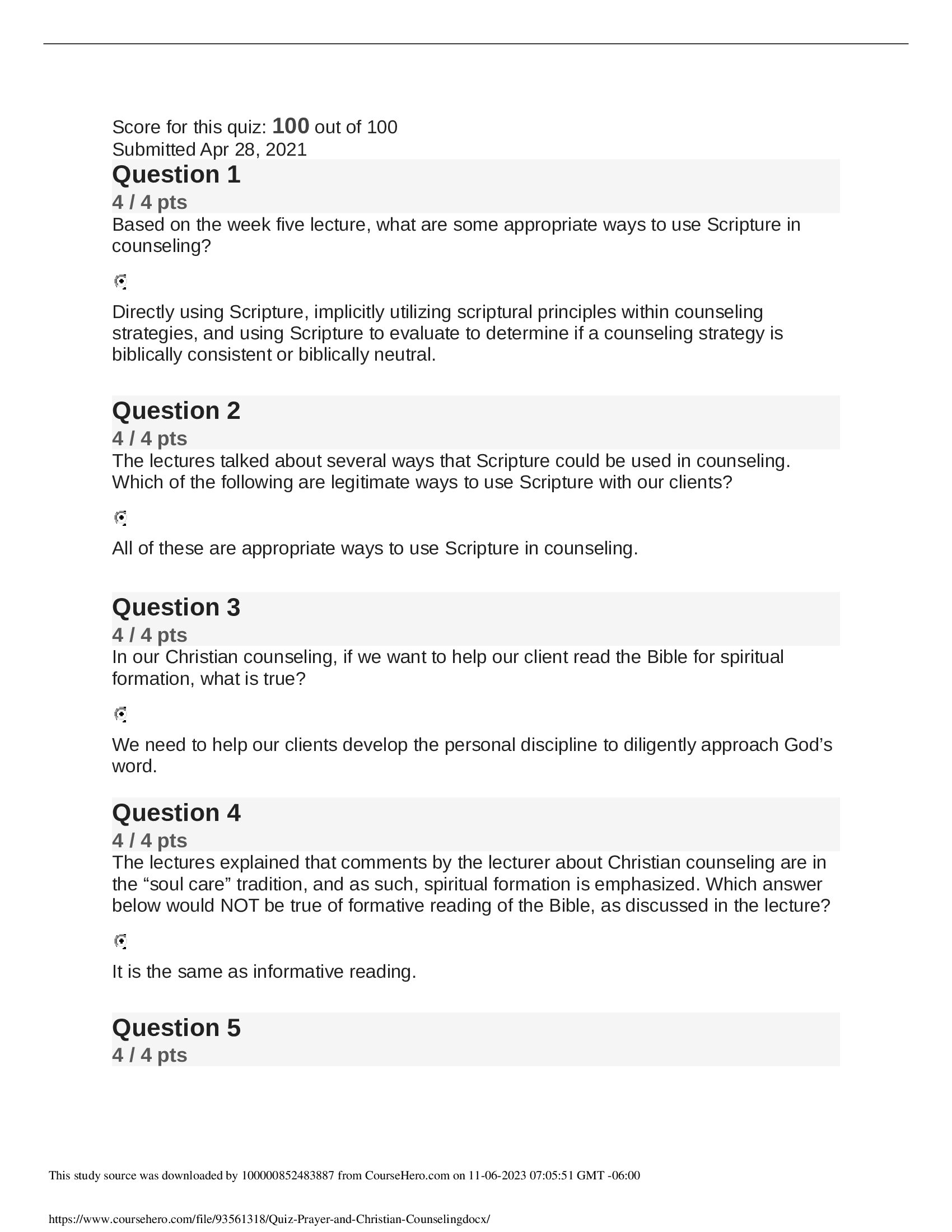 HSCO 506 : Integration of Spirituality and Counseling - Prayer and Christian Counseling Quiz Answers.