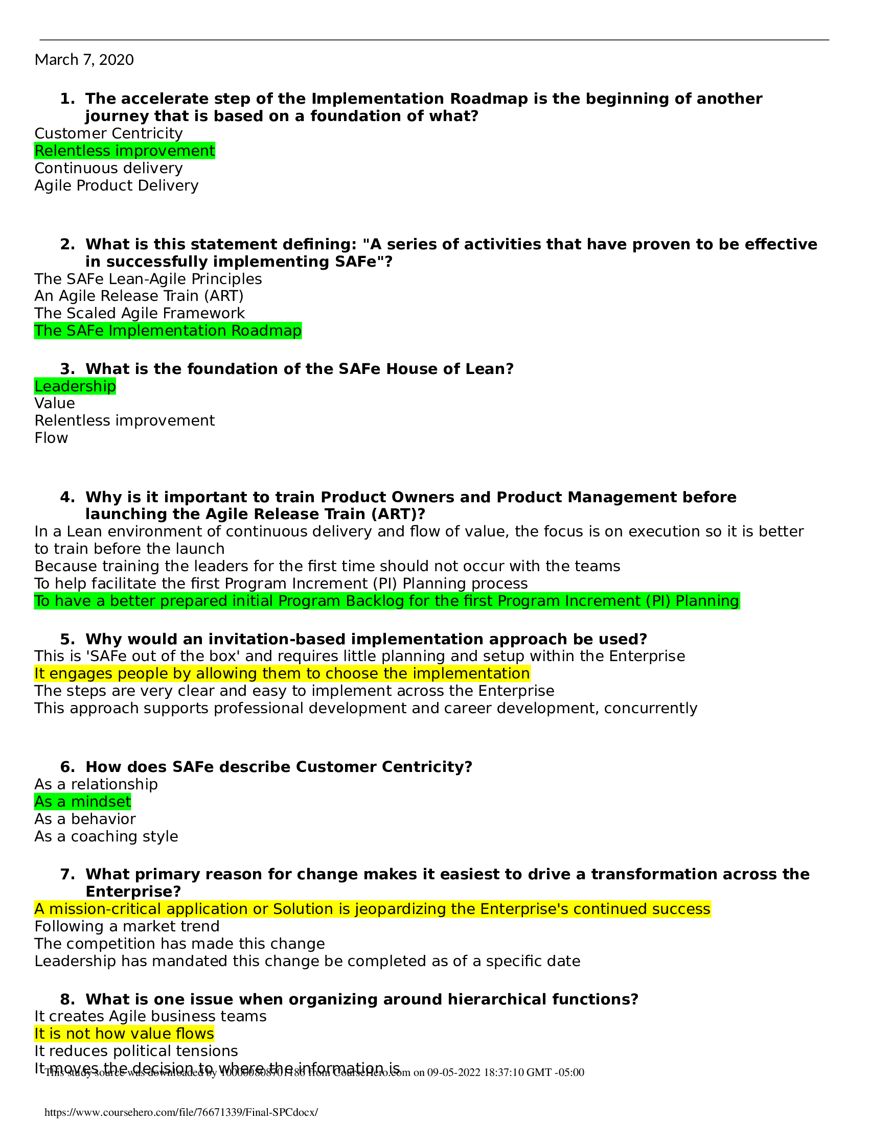 Scaled Agile Framework (SAFe) Program Consultant (SPC) Final Quiz March 2020