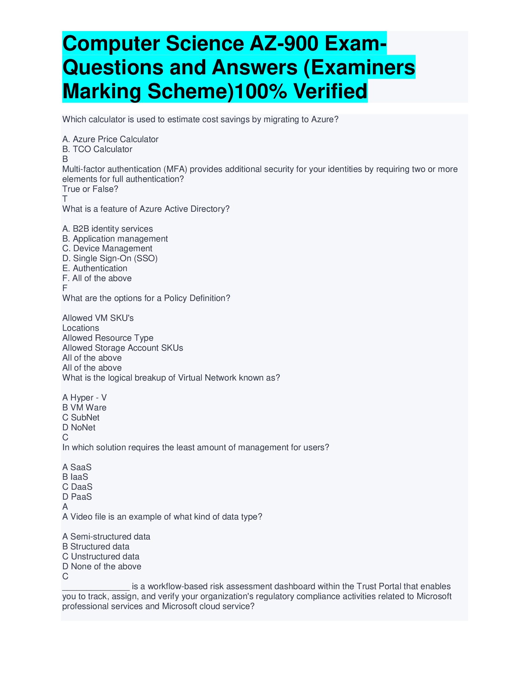 Computer Science AZ-900 Exam- Questions and Answers (Examiners Marking Scheme)100% Verified