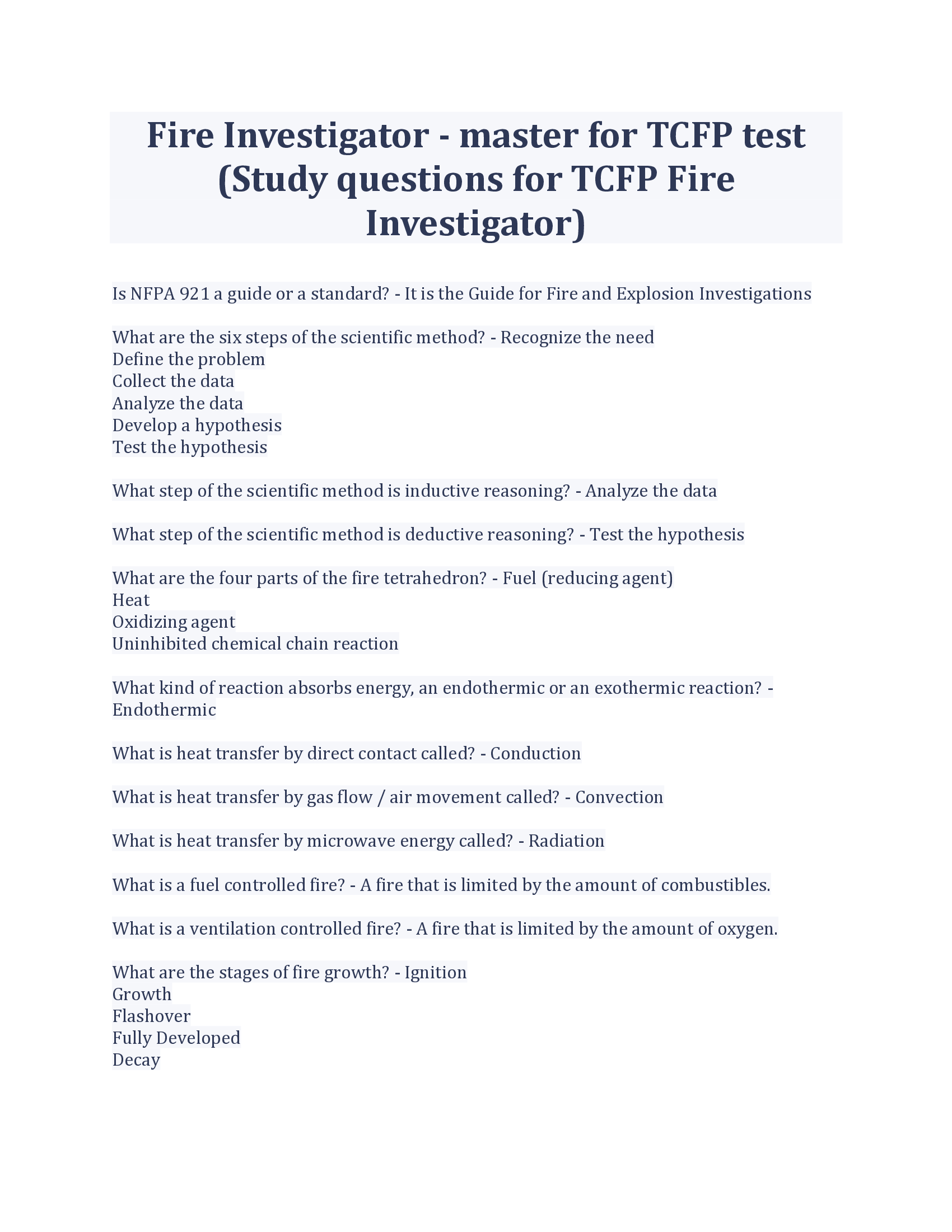 (SOLVED) Fire Investigator - master for TCFP test (Study questions for TCFP Fire Investigator)