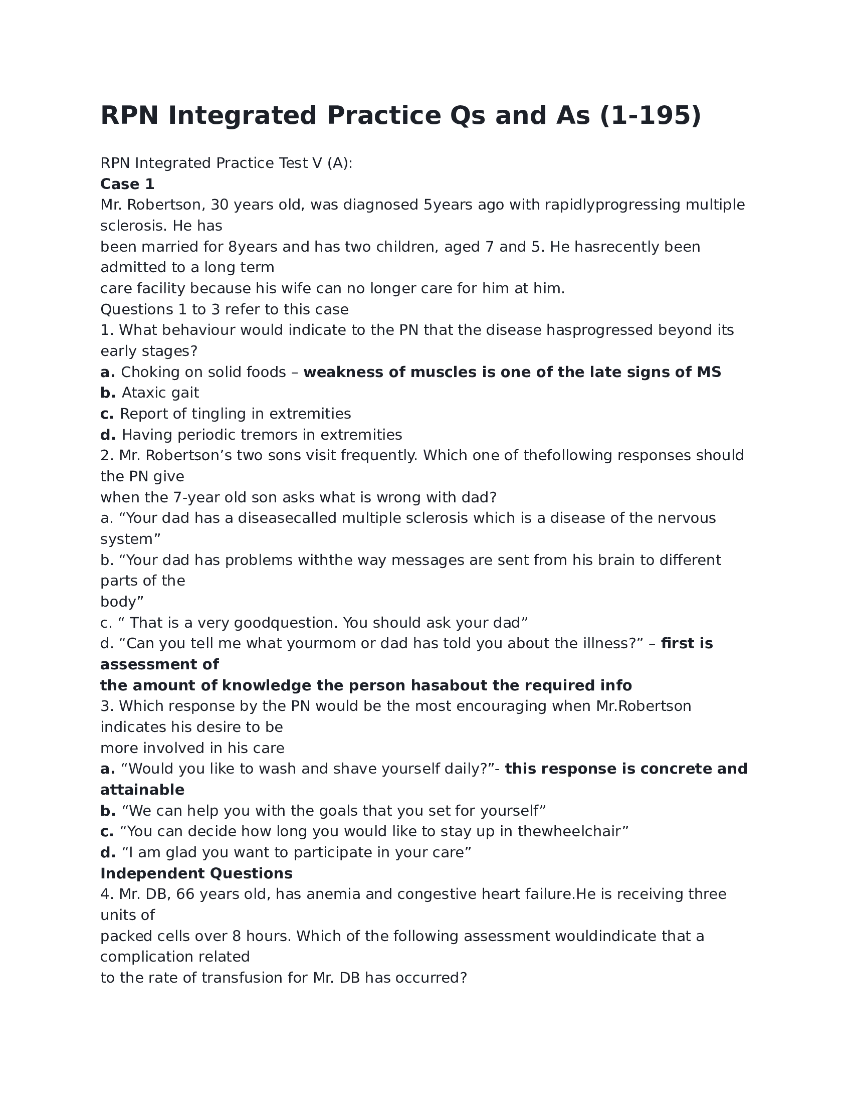 RPN Integrated Actual Exam 195 Questions and Answers. Graded A+