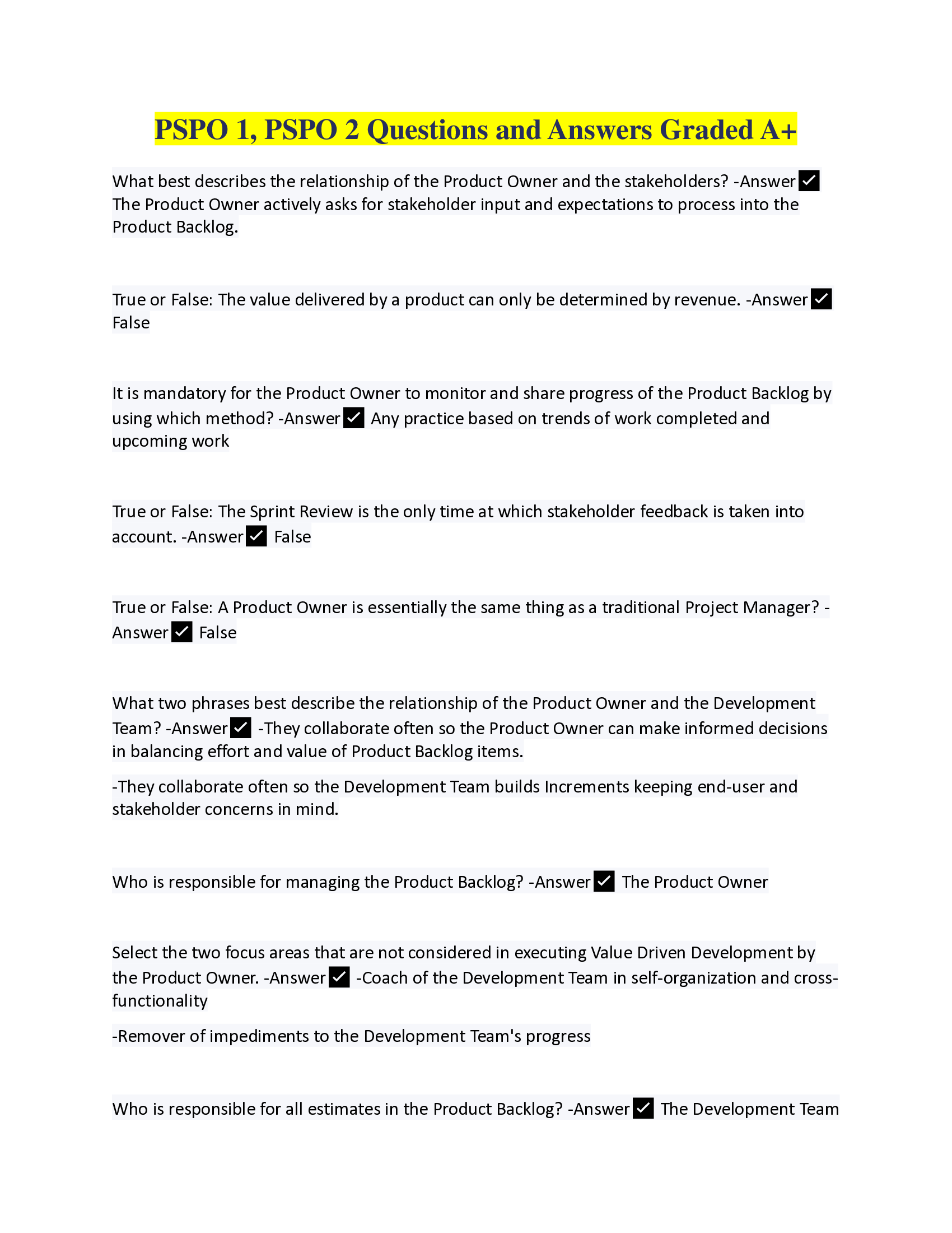 Professional Scrum Product Owner I and II Certification| PSPO 1, PSPO 2 Questions and Answers Graded A+