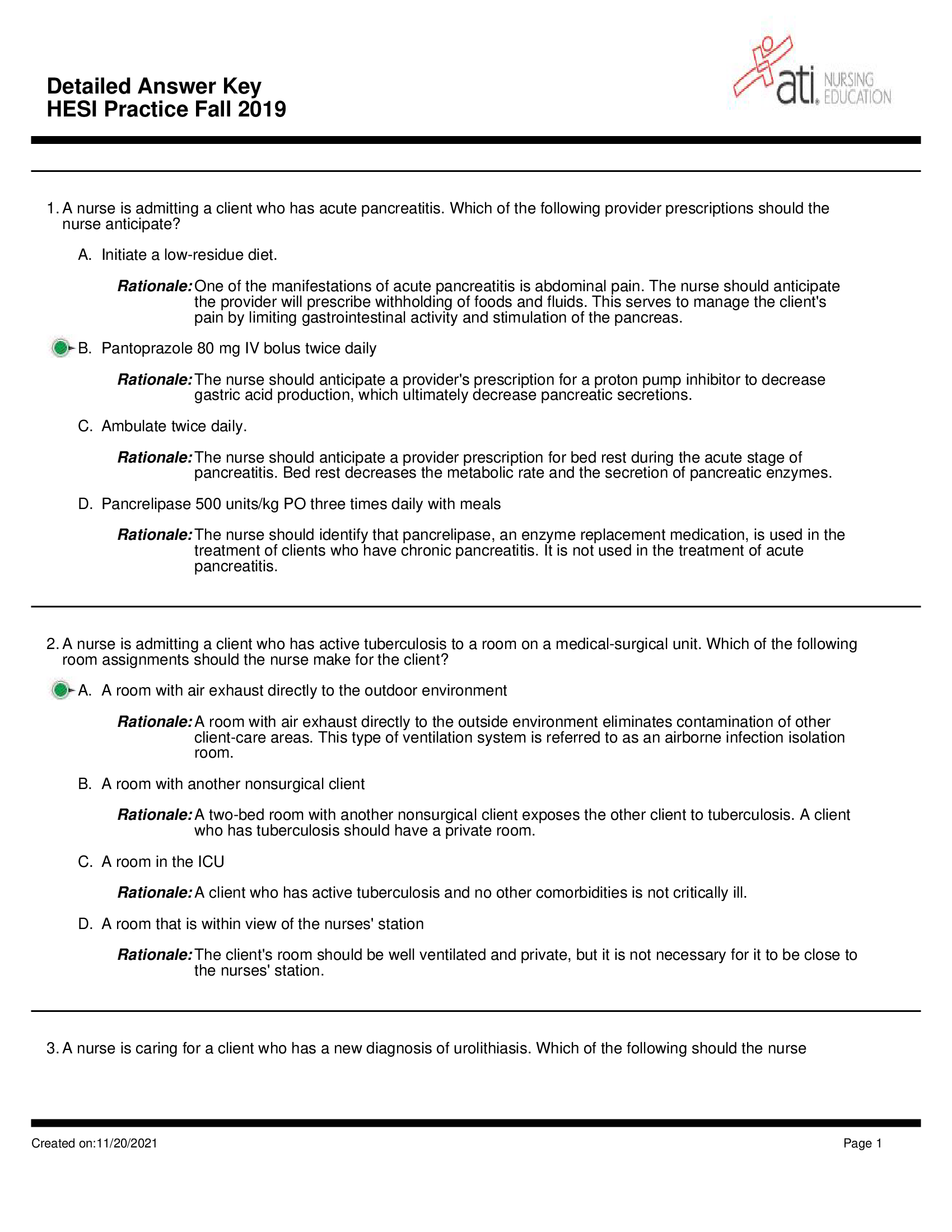 ATI HESI Practice Exam - Detailed Answer Key Fall 2019 (150 Questions and Answers) 2021 Revised Update.