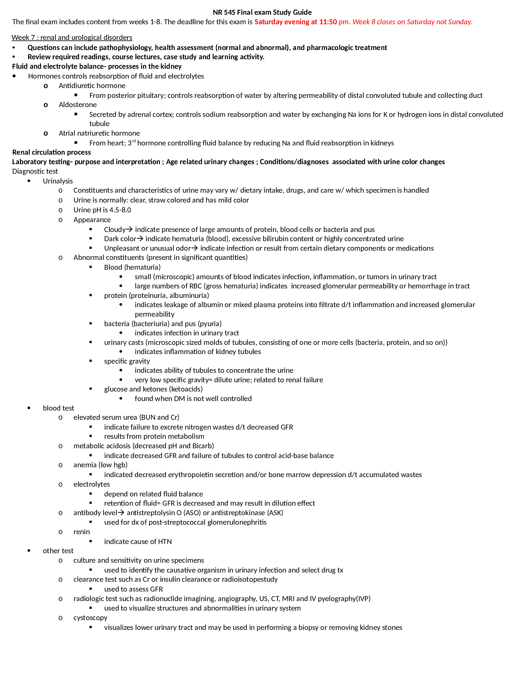 NR 545 Final Exam Study Guide 2020 Week 7 : renal and urological disorders
