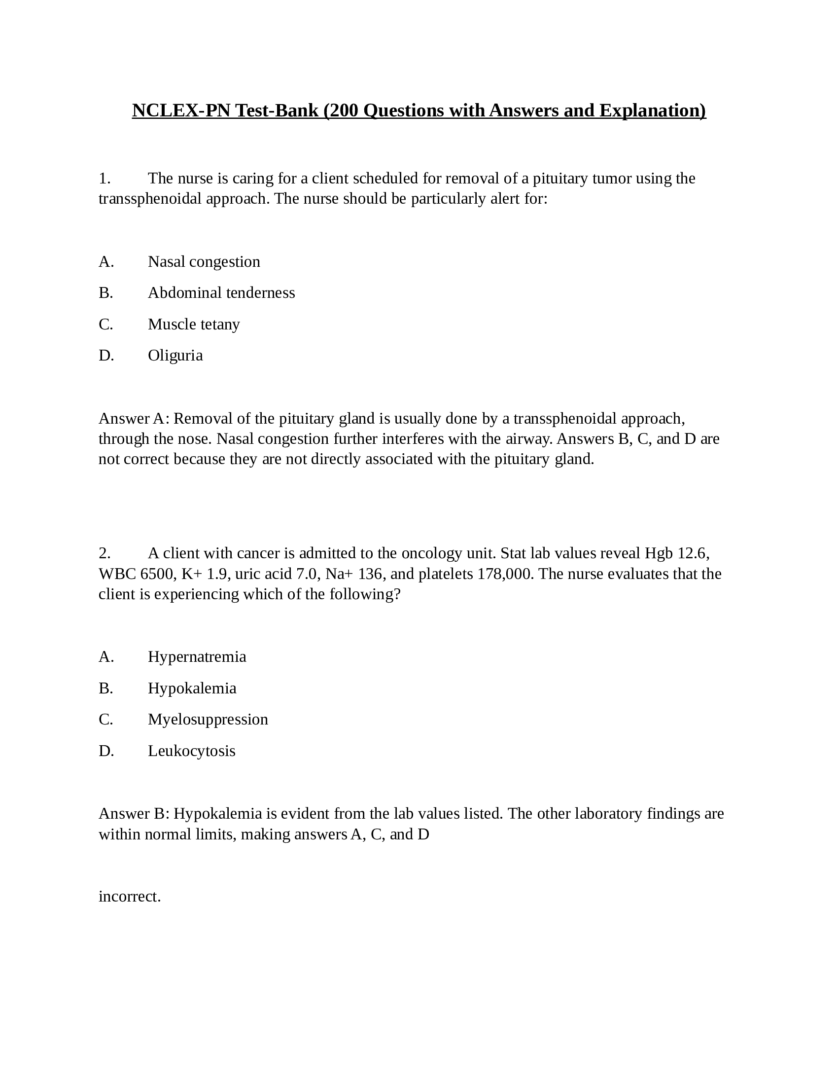 NCLEX-PN Test-Bank (200 Questions with Answers and Explanation) Complete Guide.