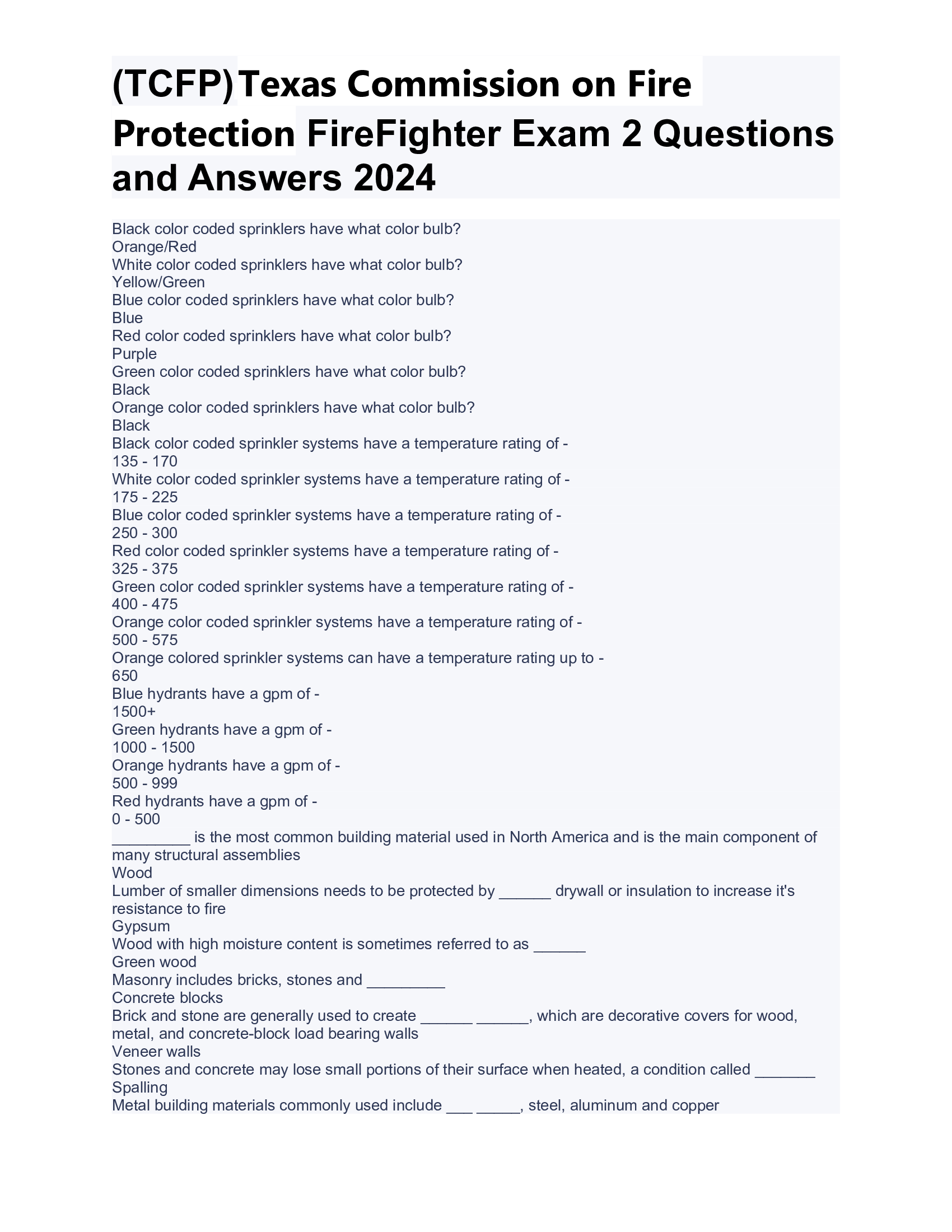 (TCFP) Texas Commission on Fire Protection FireFighter Exam 2 Questions and Answers 2024