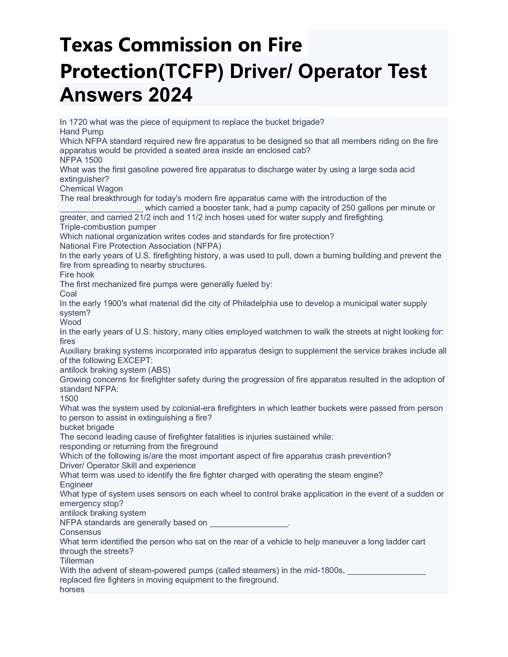 Texas Commission on Fire Protection(TCFP) Driver, Operator Test Answers 2024