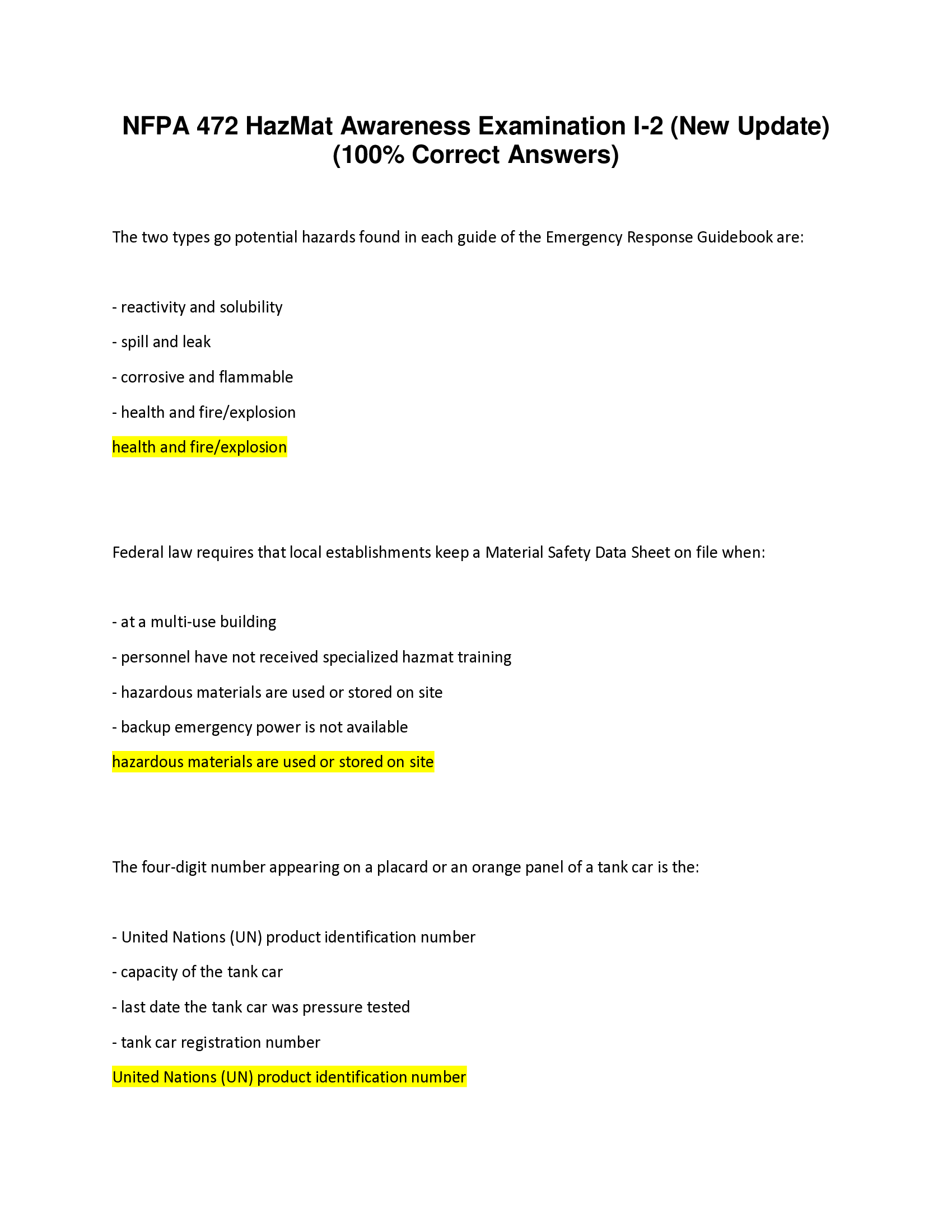 National Fire Protection Association's (NFPA) 472 HazMat Awareness Examination I-2 (New Update) 100% Correct Answers