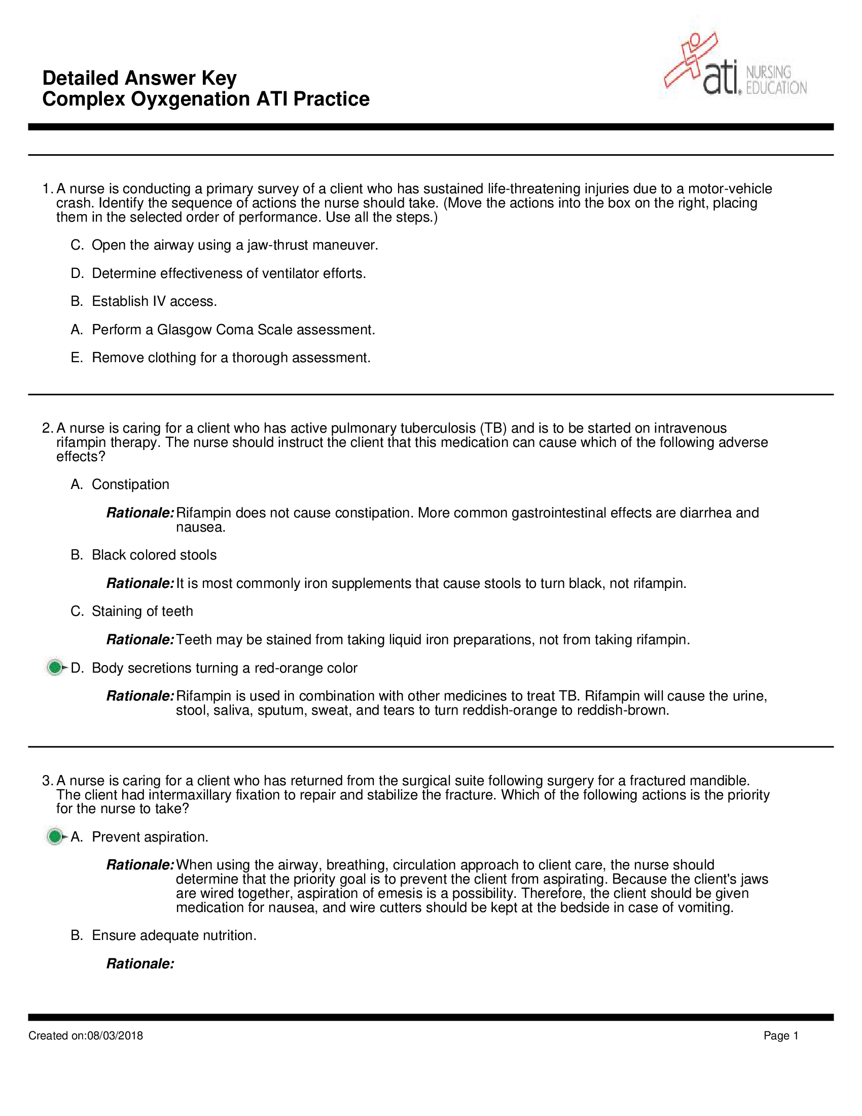 ATI NR293 Pharmacology; Complex Oxygenation - ATI Practice Exam 9 Detailed Answer Key