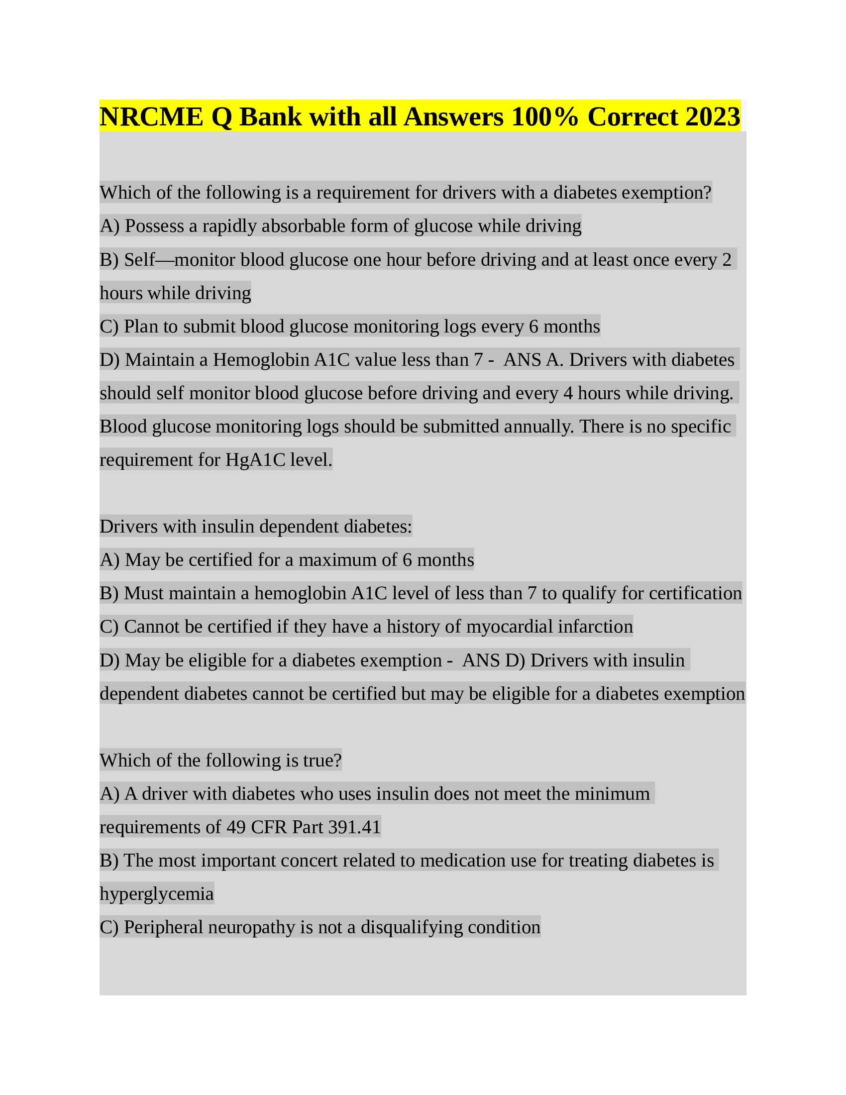 NRCME-National Registry of Certified Medical Examiners | FMCSA Question Bank with all Answers 100% Correct 2023