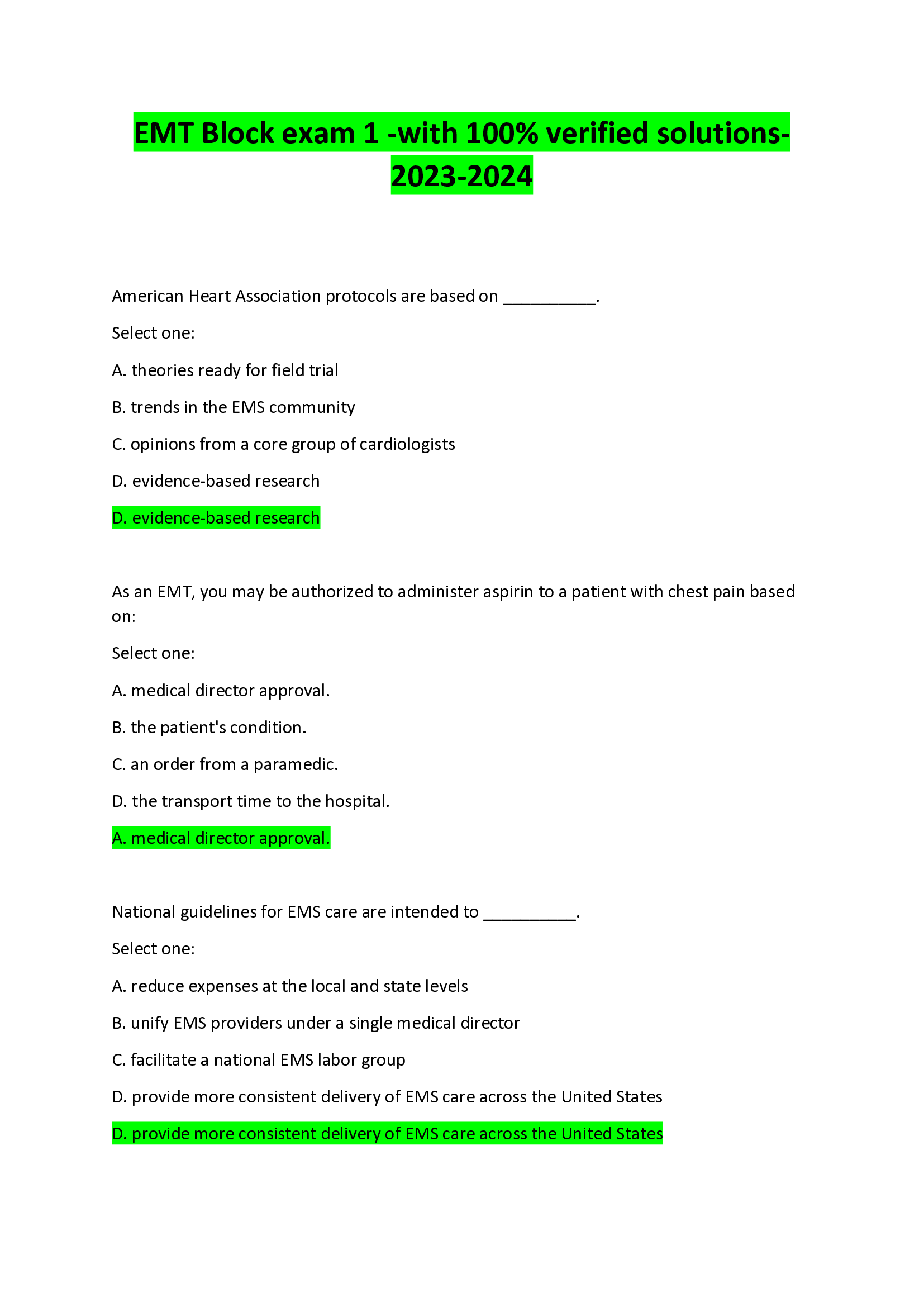 EMT Block exam 1 -with verified solutions-2023-2024