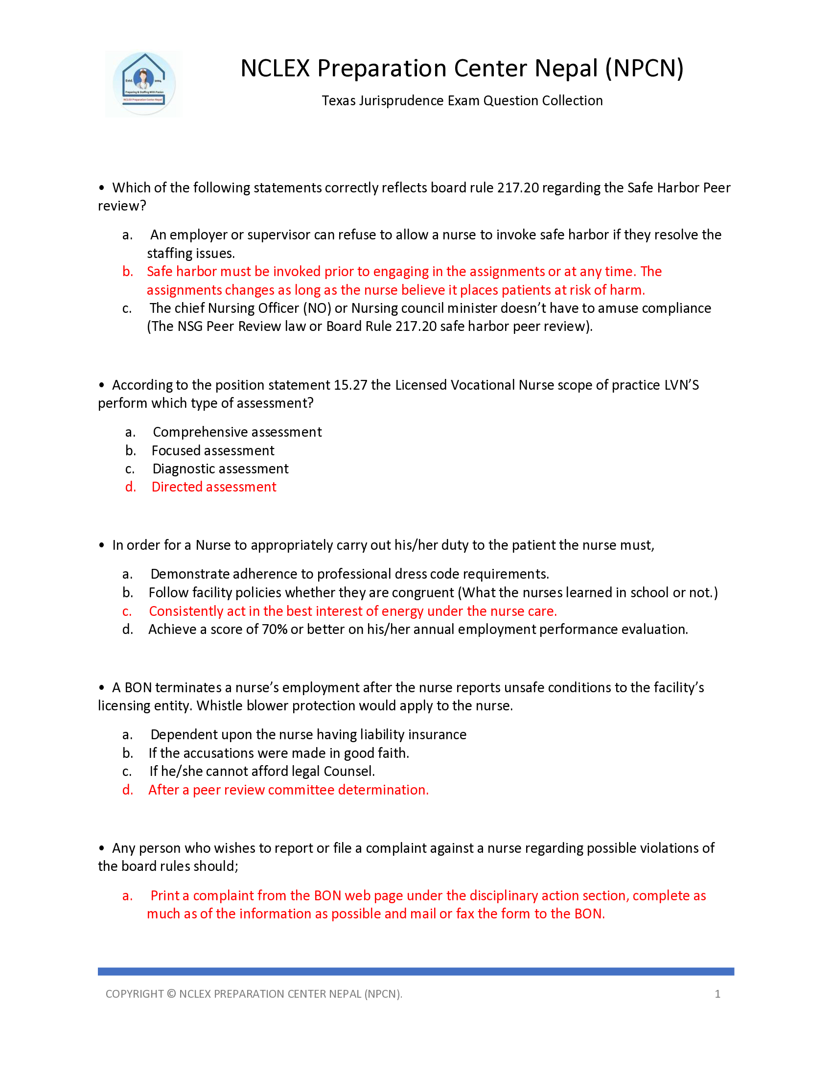 NCLEX Preparation Center Nepal (NPCN) Exam Questions and Answers, Texas Jurisprudence Exam Question Collection