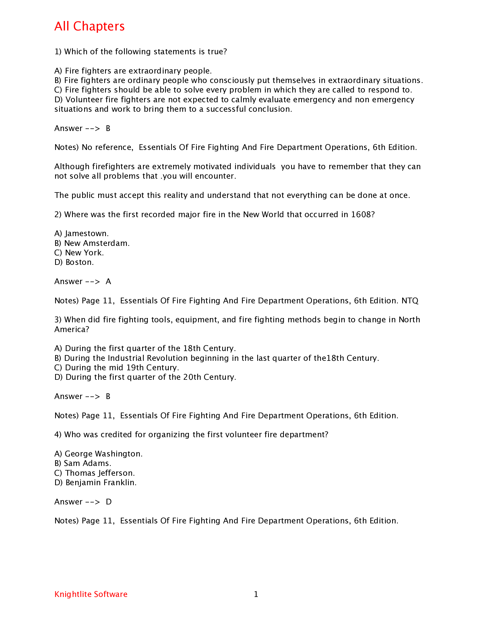 Fire fighter I Test Bank with Answers and Explanation Notes, Test Bank for Firefighter I with Answers and Notes