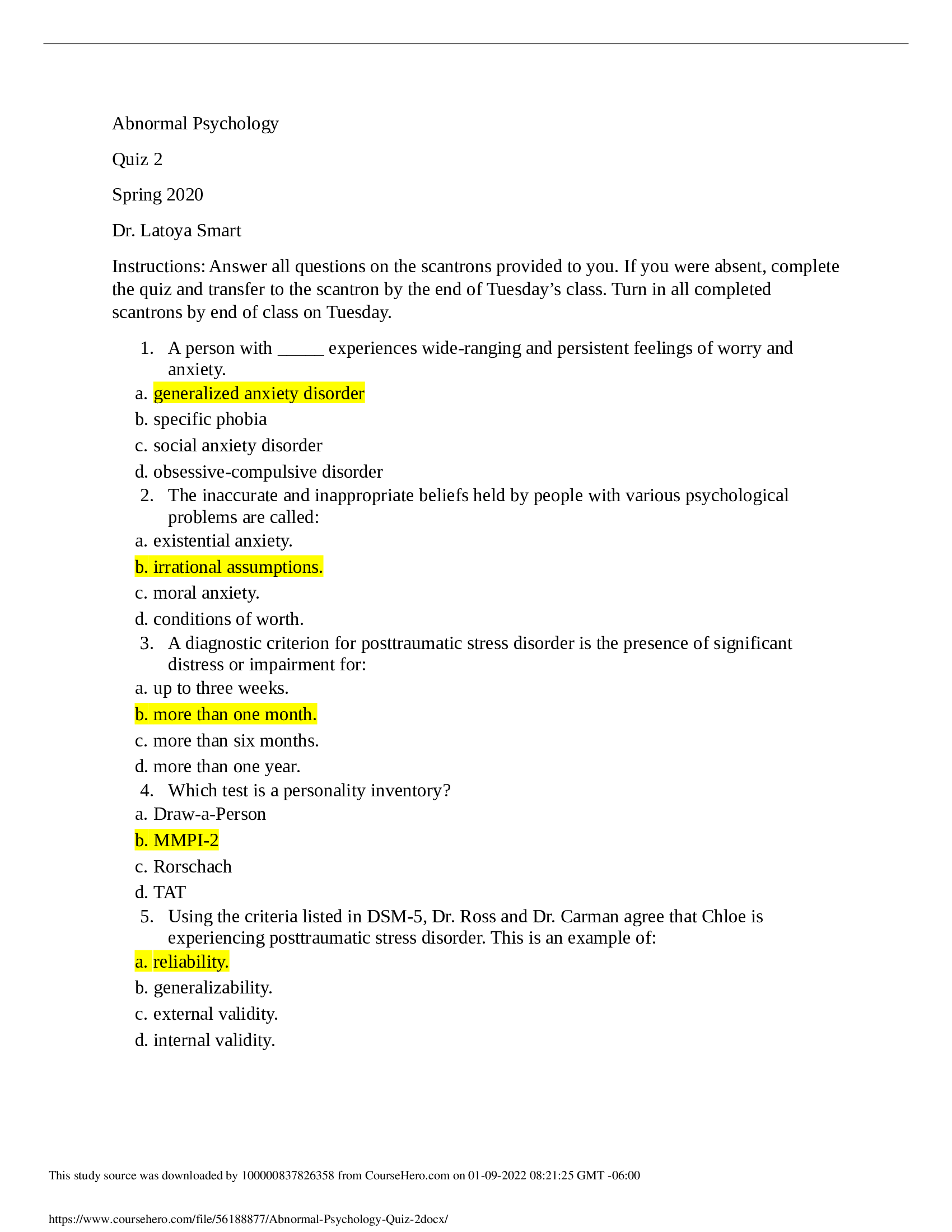 PSY 470 Abnormal Psychology Quiz 2 With All Correct Answers (ALREADY GRADED A)